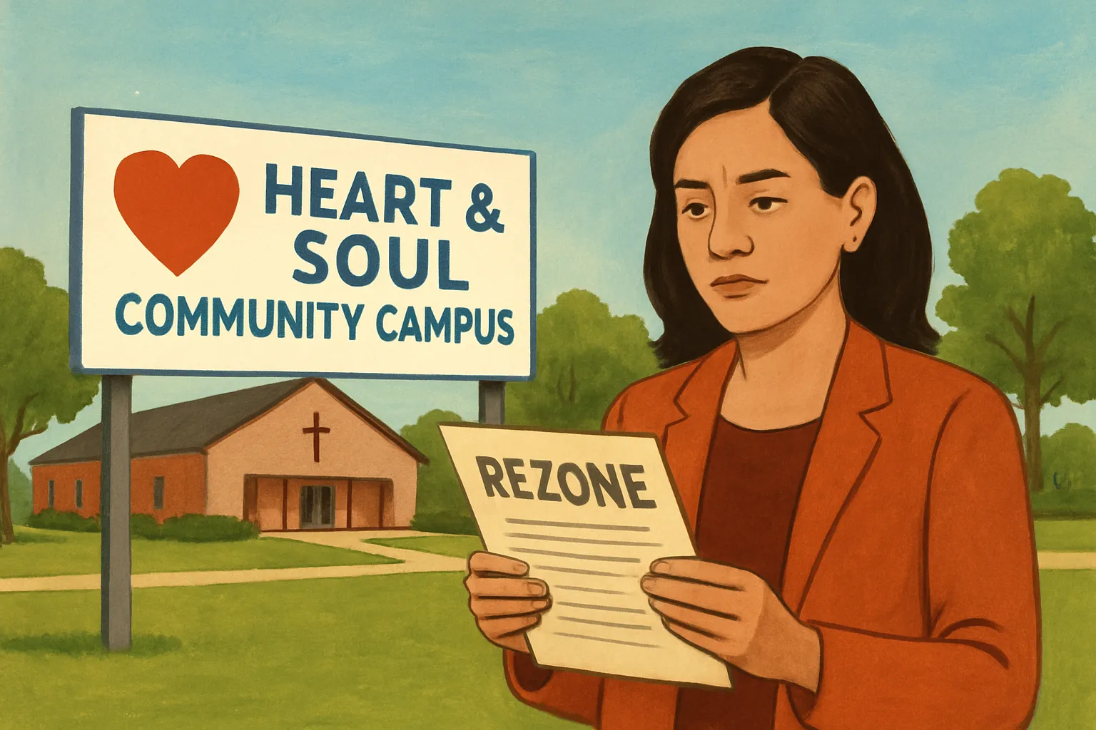 AI-generated illustration of the topic: Fishers plan commission issues no recommendation on Heart & Soul campus rezone; City Council will decide