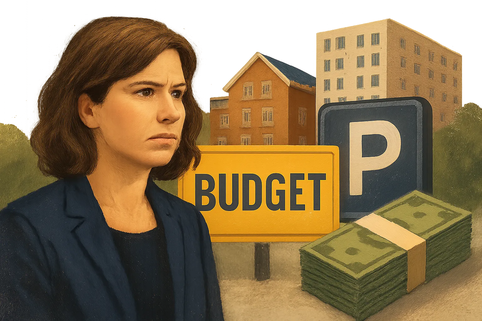 AI-generated illustration of the topic: Bloomington council rejects $2.5M general-fund cut, withholds millions for housing and parking in 2027 budget