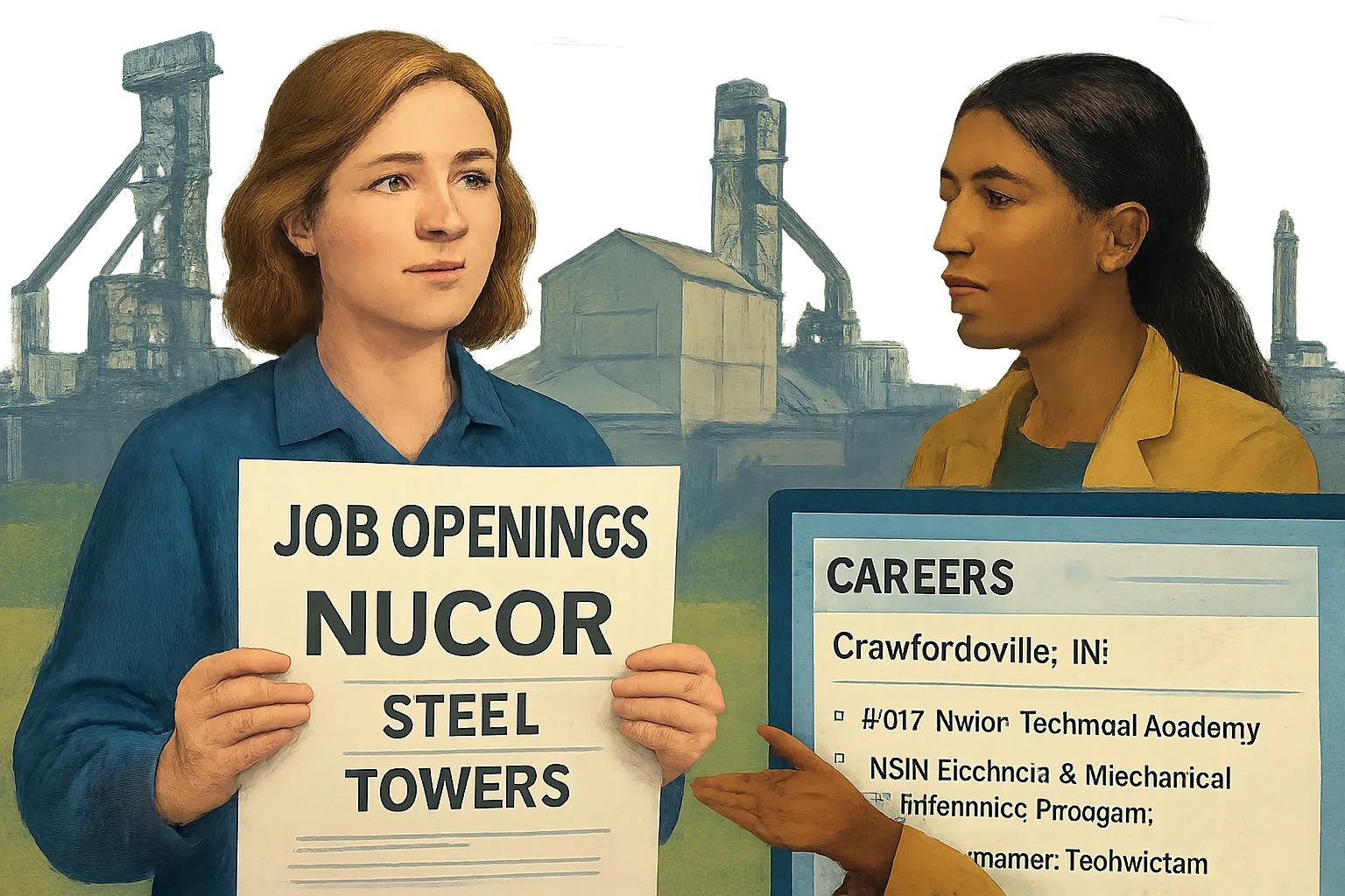 AI-generated illustration of the topic: Nucor posts multiple Crawfordsville job openings across steel and towers divisions