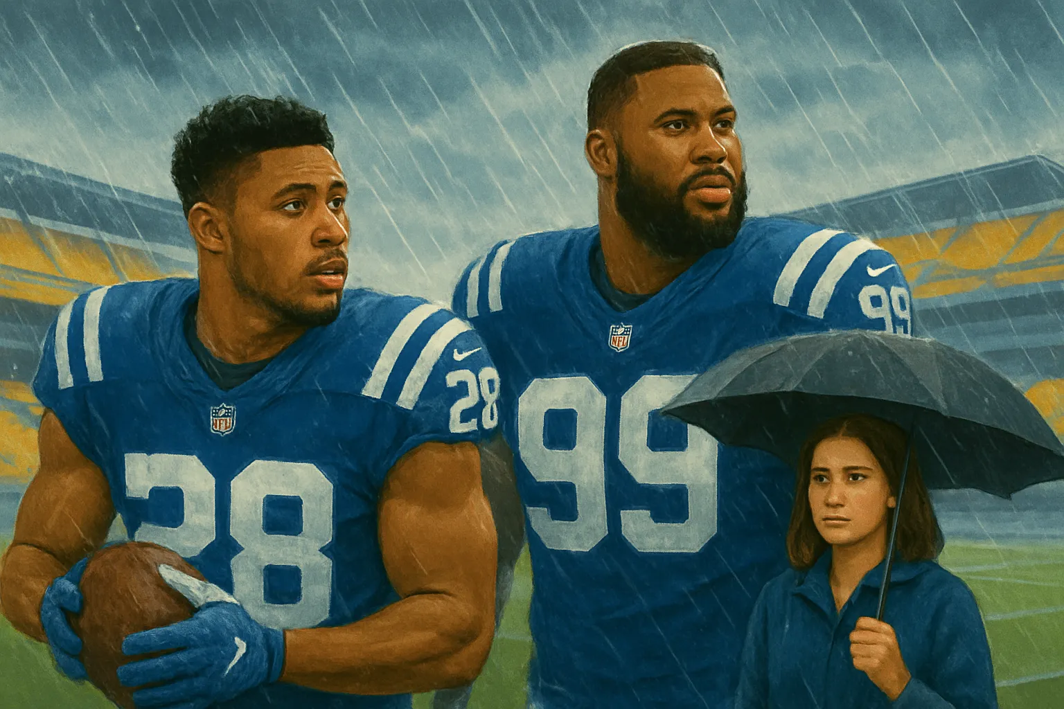AI-generated illustration of the topic: Colts’ Jonathan Taylor and DeForest Buckner say team is ready for rainy Oct. 11 game at Acrisure Stadium