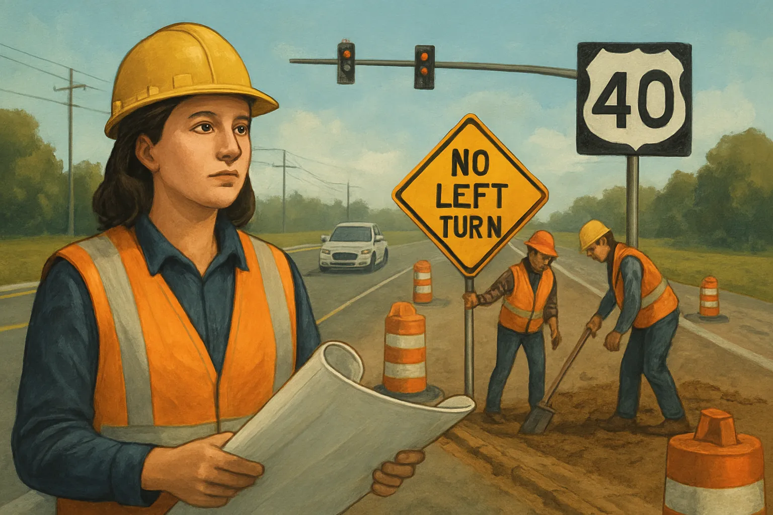 AI-generated illustration of the topic: Hancock County: U.S. 40 RCI construction moves to Phase 2 with lane and turn restrictions