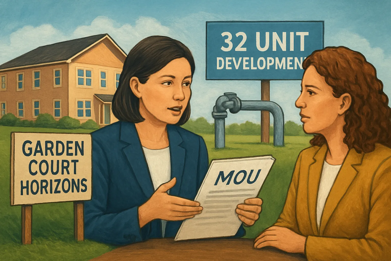 AI-generated illustration of the topic: Plymouth board OKs MOU letting 32-unit Garden Court Horizons tap city water and sewer while outside city limits