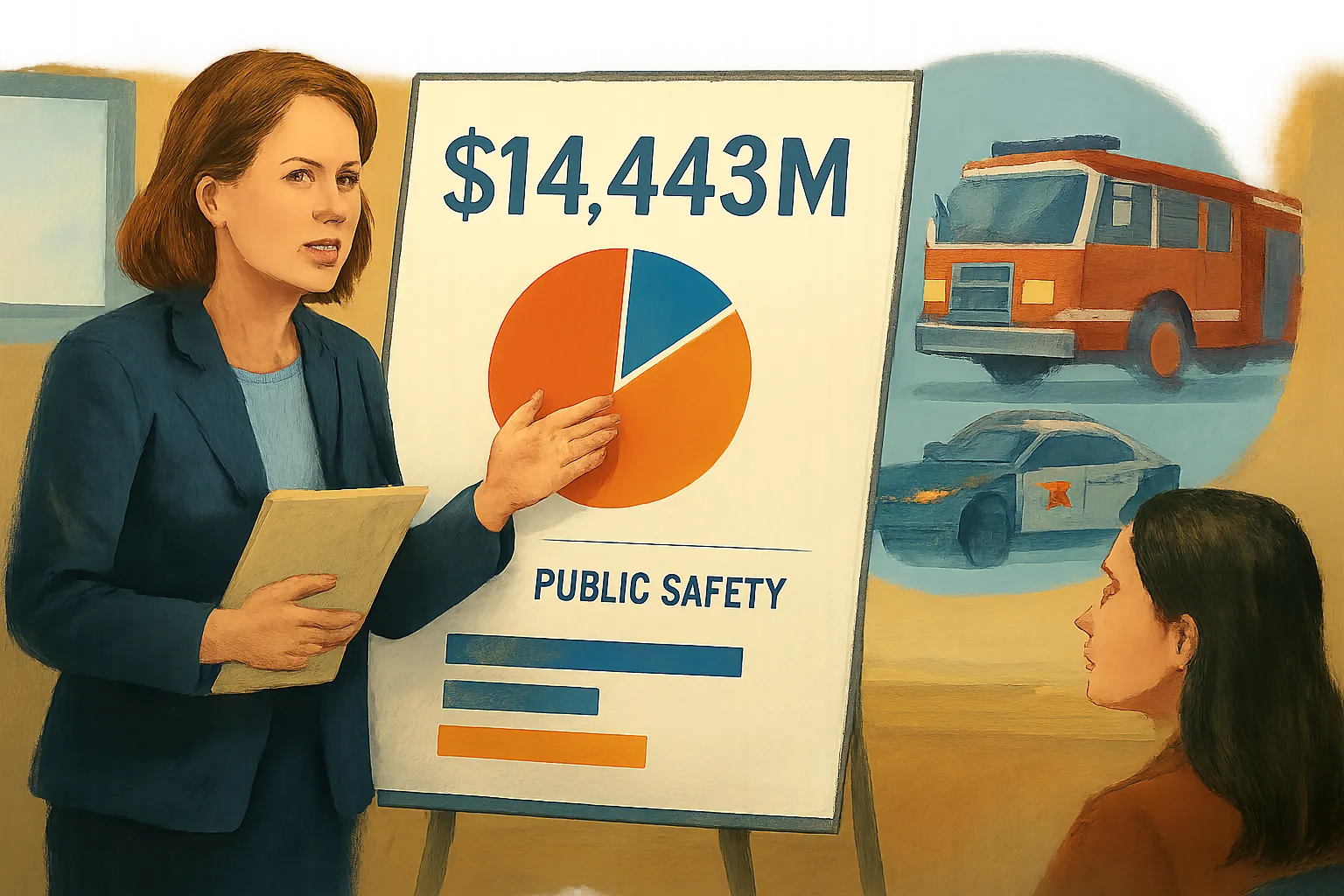 AI-generated illustration of the topic: Plymouth’s $14.443M proposed 2027 General Fund puts biggest share toward public safety