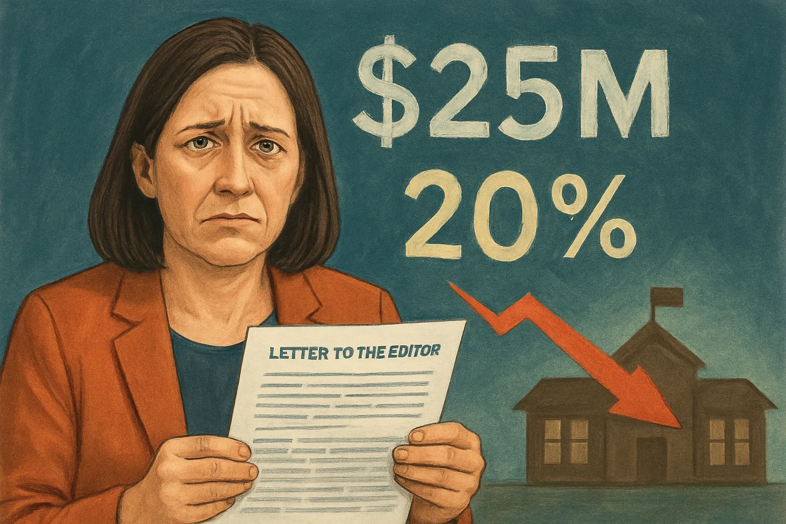 AI-generated illustration of the topic: Noblesville Schools’ potential $25M (20%) funding loss would force staff, service cuts, letter warns