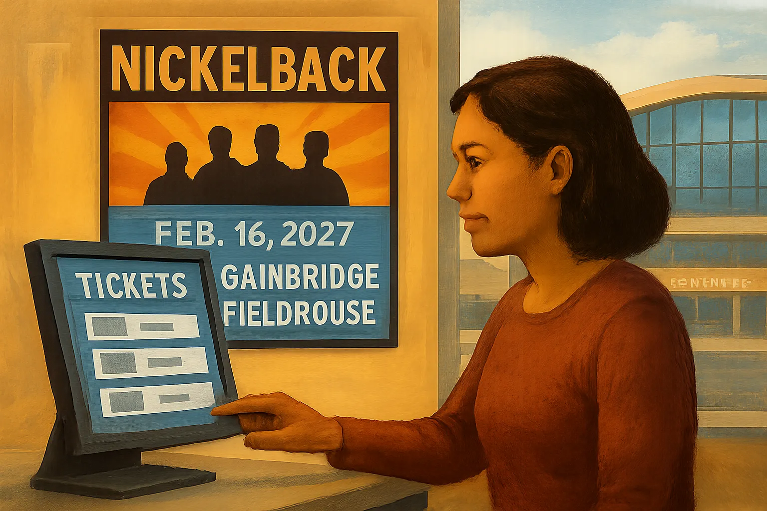 AI-generated illustration of the topic: Nickelback will play Gainbridge Fieldhouse Feb. 16, 2027; public tickets go on sale Oct. 16