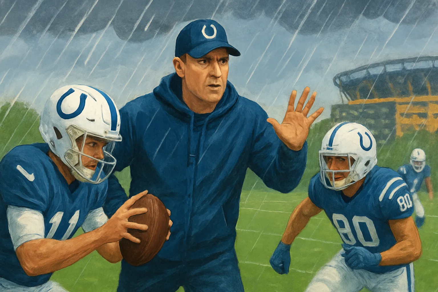 AI-generated illustration of the topic: Colts preview Week 5 at Steelers: Pittman out, wet-weather prep and unpredictability highlighted