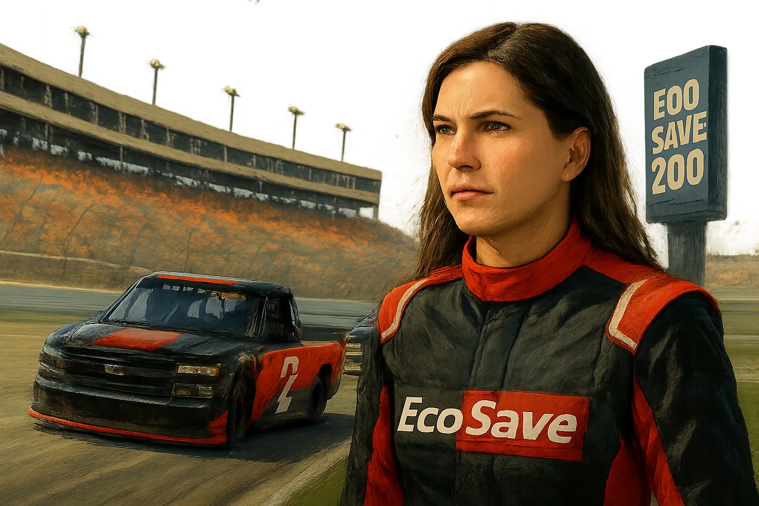 AI-generated illustration of the topic: Layne Riggs wins EcoSave 200 at Charlotte, trims Kaden Honeycutt’s Truck Series Chase lead