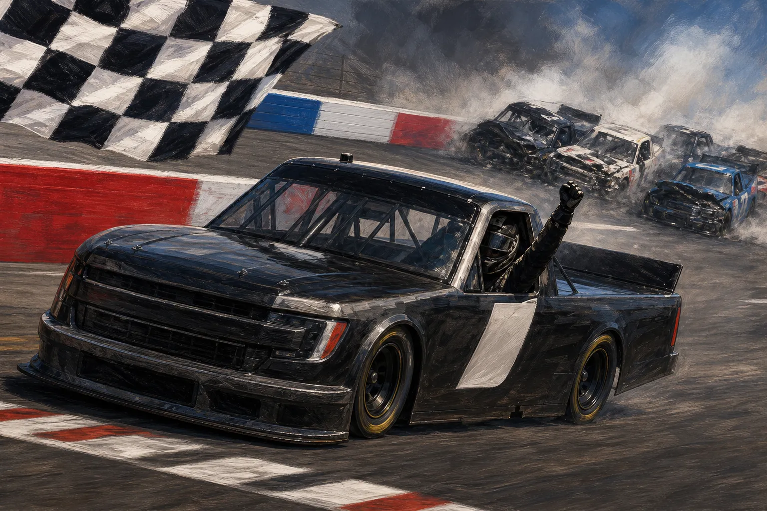 AI-generated illustration of the topic: Layne Riggs wins NASCAR Trucks race at Charlotte; Kaden Honeycutt wins Stage 2