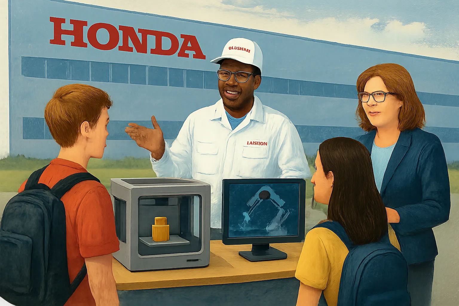 AI-generated illustration of the topic: Eastern Hancock students visited Honda Greensburg on Manufacturing Day to see 3D printing, simulators and supply-chain demos