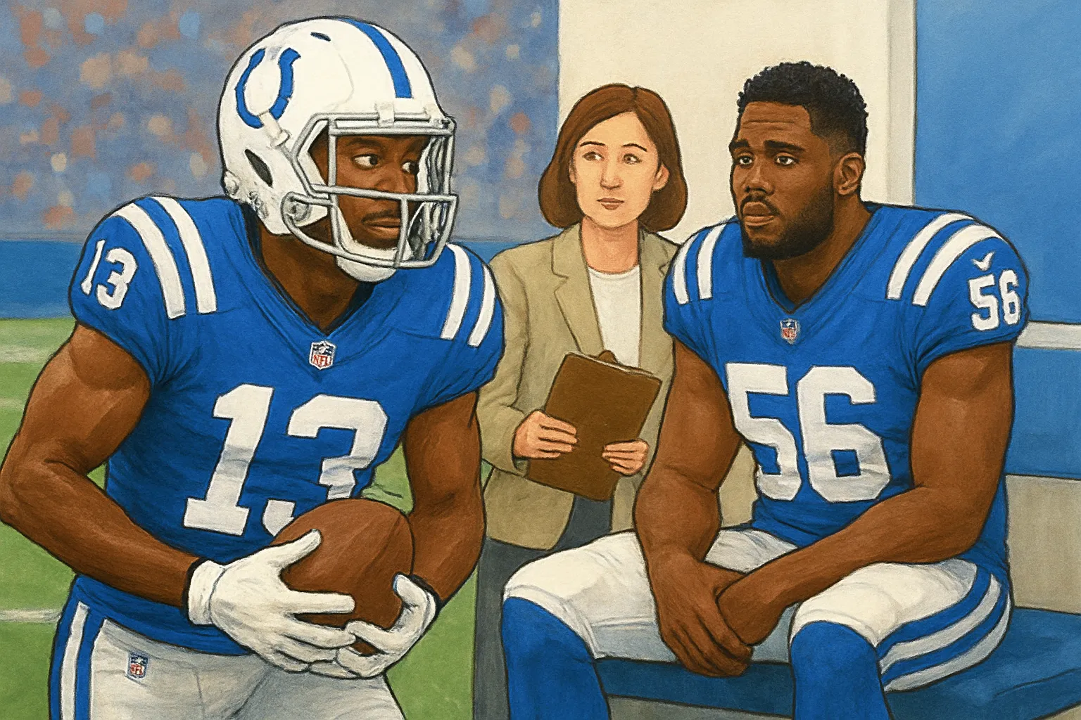 AI-generated illustration of the topic: Colts elevate WR Nick Westbrook-Ikhine to active roster; place DE Arden Key on Injured Reserve