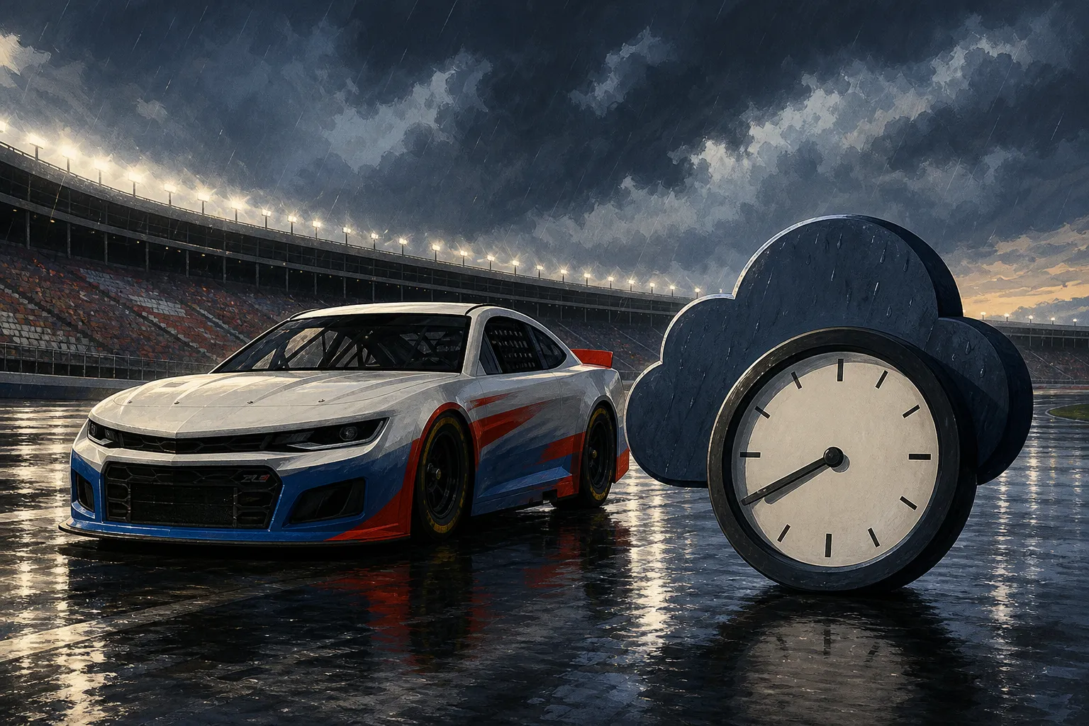 AI-generated illustration of the topic: Charlotte Motor Speedway postpones Blue Cross NC 300 to 8 p.m. Sunday, Oct. 11