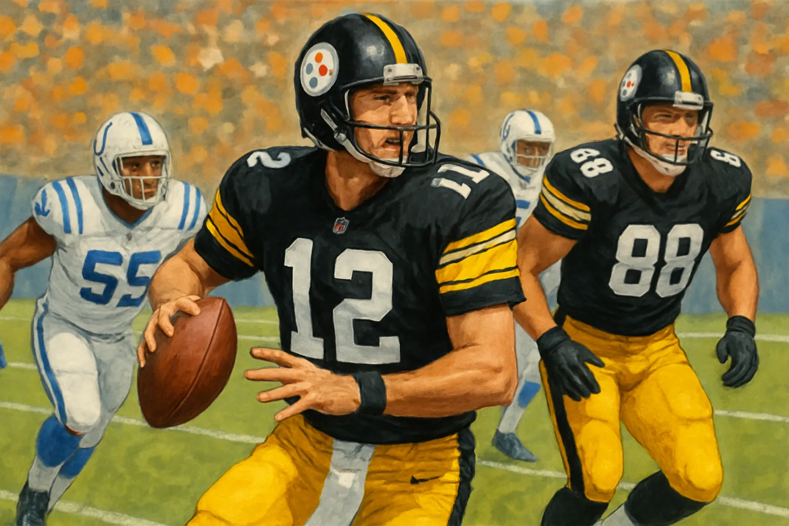 AI-generated illustration of the topic: Steelers beat Colts 34-22; Rodgers, Jaylen Warren and Pat Freiermuth pace Pittsburgh