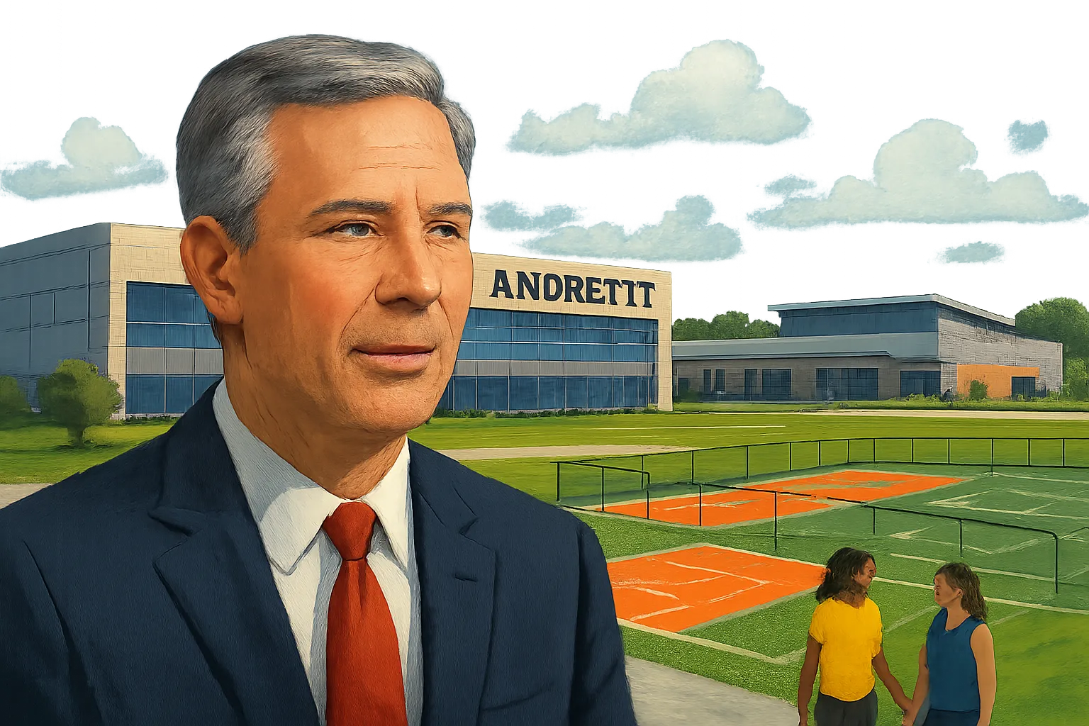 AI-generated illustration of the topic: Braun touts state-backed Andretti HQ and READI-funded sports projects targeting jobs and R&D