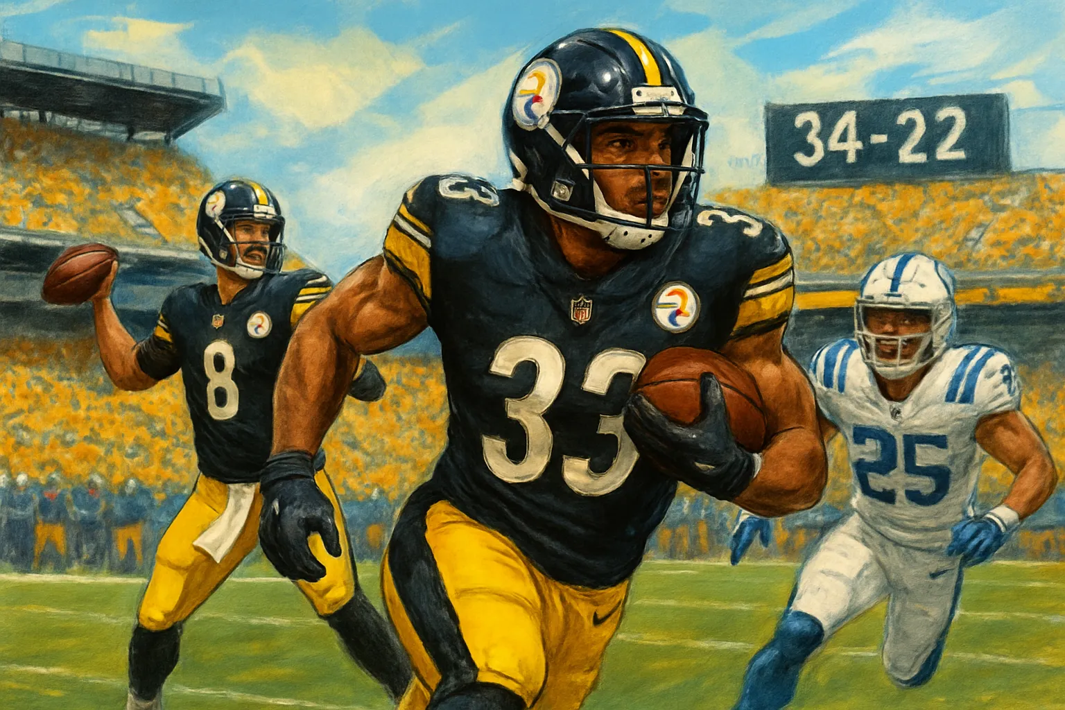 AI-generated illustration of the topic: Steelers beat Colts 34-22 in Pittsburgh; Jaylen Warren totals 188 yards from scrimmage