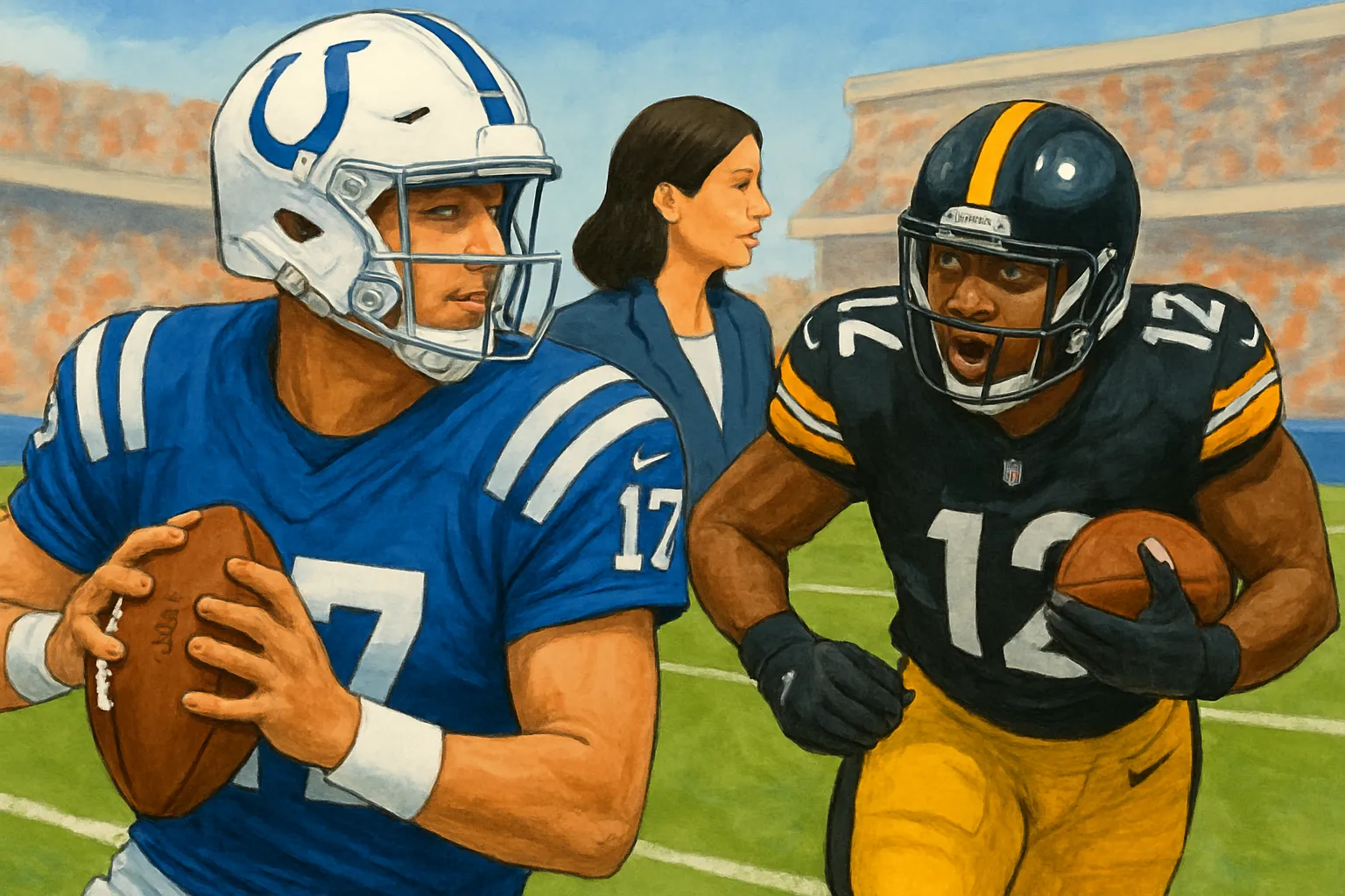 AI-generated illustration of the topic: Colts fall 34-22 to Steelers, drop to 2-3 after red‑zone stalls and explosive Pittsburgh plays
