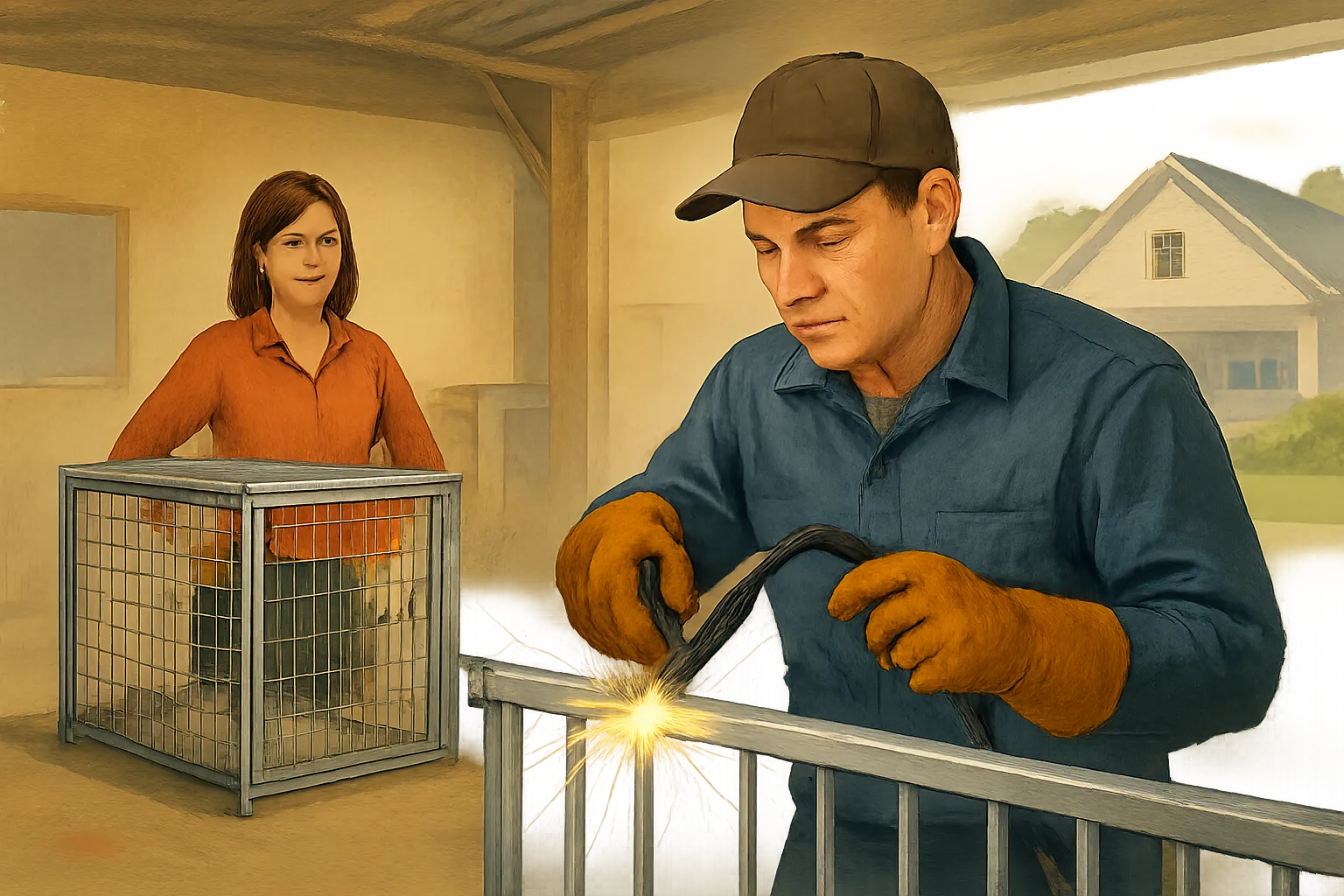 AI-generated illustration of the topic: New Paris metal shop Dura Designs builds custom kennels and aluminum railings for local homeowners