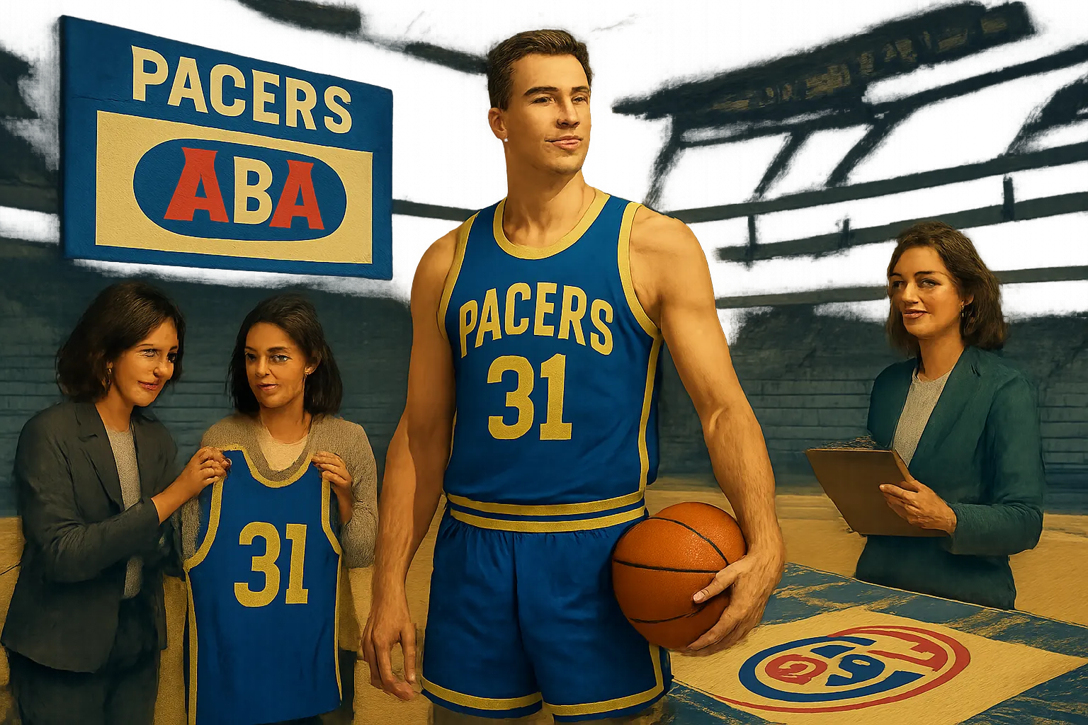 AI-generated illustration of the topic: Pacers unveil ABA 50th Anniversary Classic Edition uniforms and custom court design