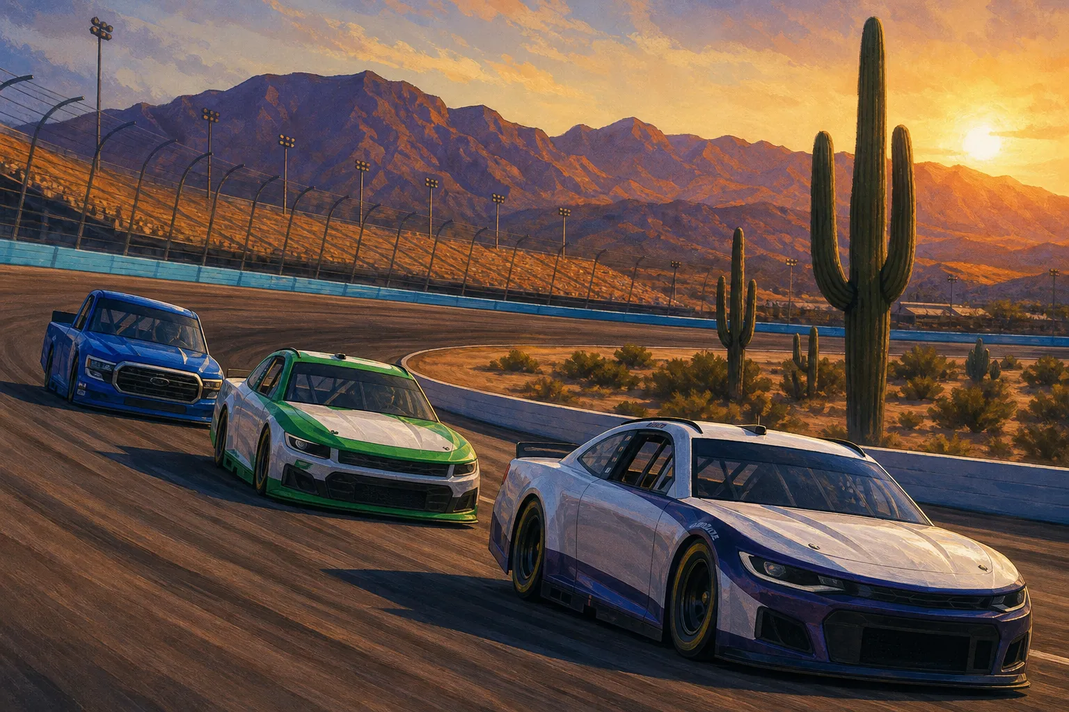AI-generated illustration of the topic: NASCAR TV schedule for Phoenix Raceway weekend (Oct. 16–18, 2026): Trucks on FS1, O'Reilly on The CW, Cup on USA Network