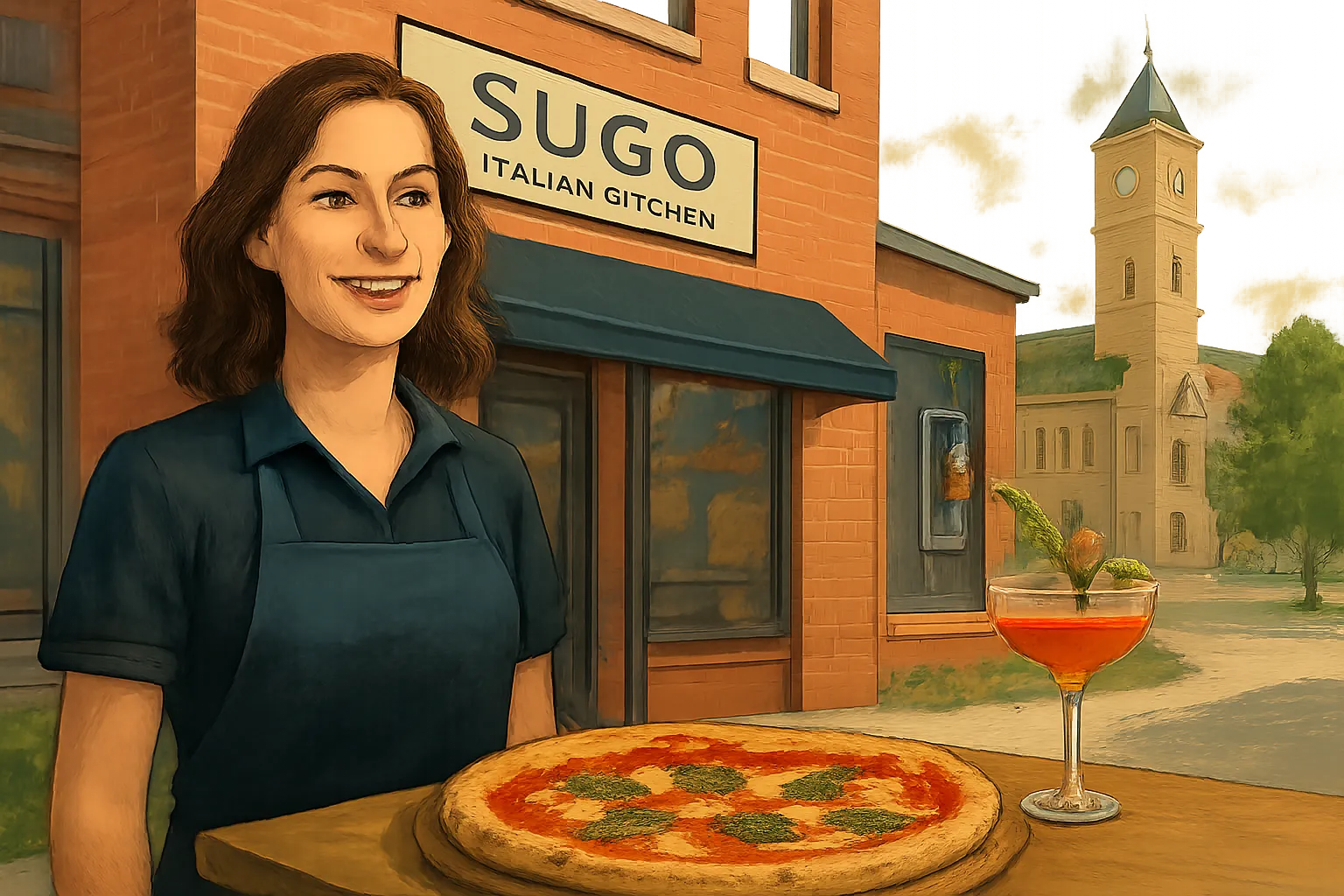 AI-generated illustration of the topic: Meraki Hospitality’s SUGO slated for Crown Point Square; handmade pasta, wood-fired pizza and pneumatic cocktail tubes noted