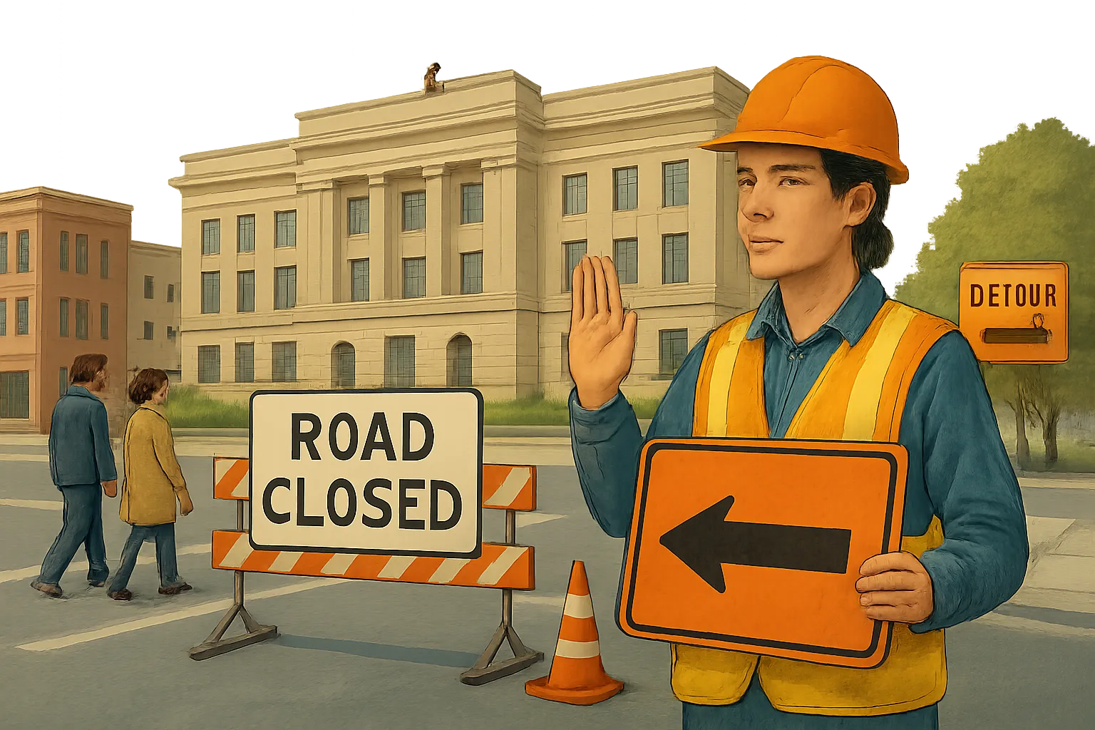 AI-generated illustration of the topic: Lafayette Boulevard to close Oct. 12–Nov. 9 for St. Joseph County Building roof work; expect downtown detours