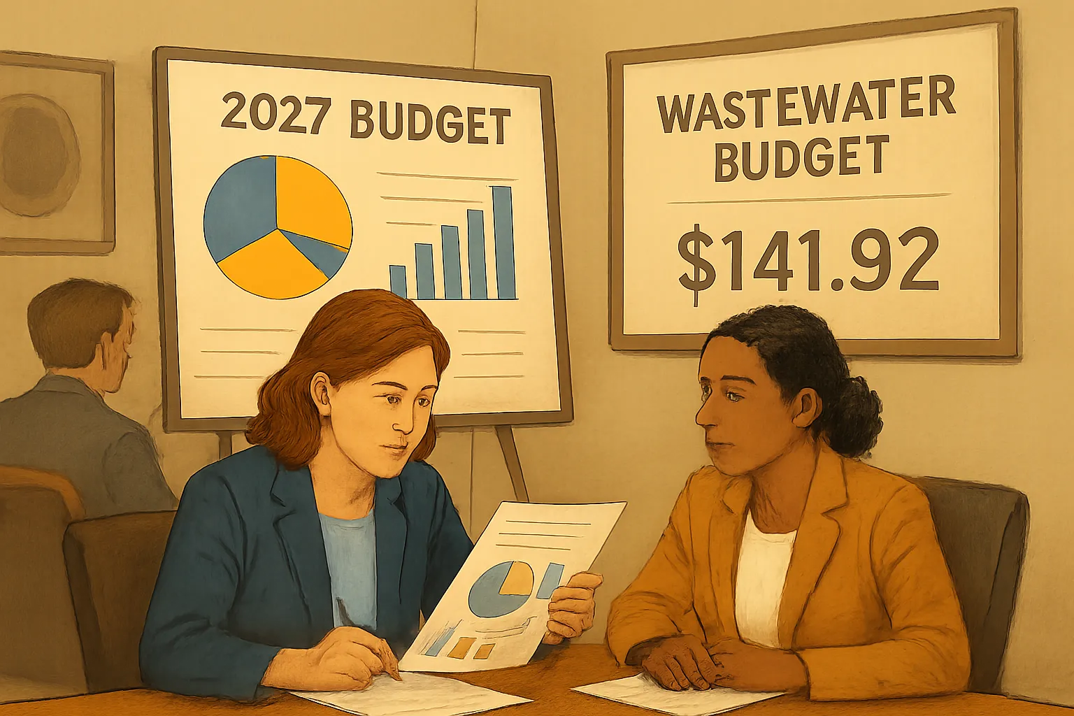AI-generated illustration of the topic: Indiana town council adopts $3.195M 2027 budget; wastewater renovation will raise sewer bill to $141.92 in November