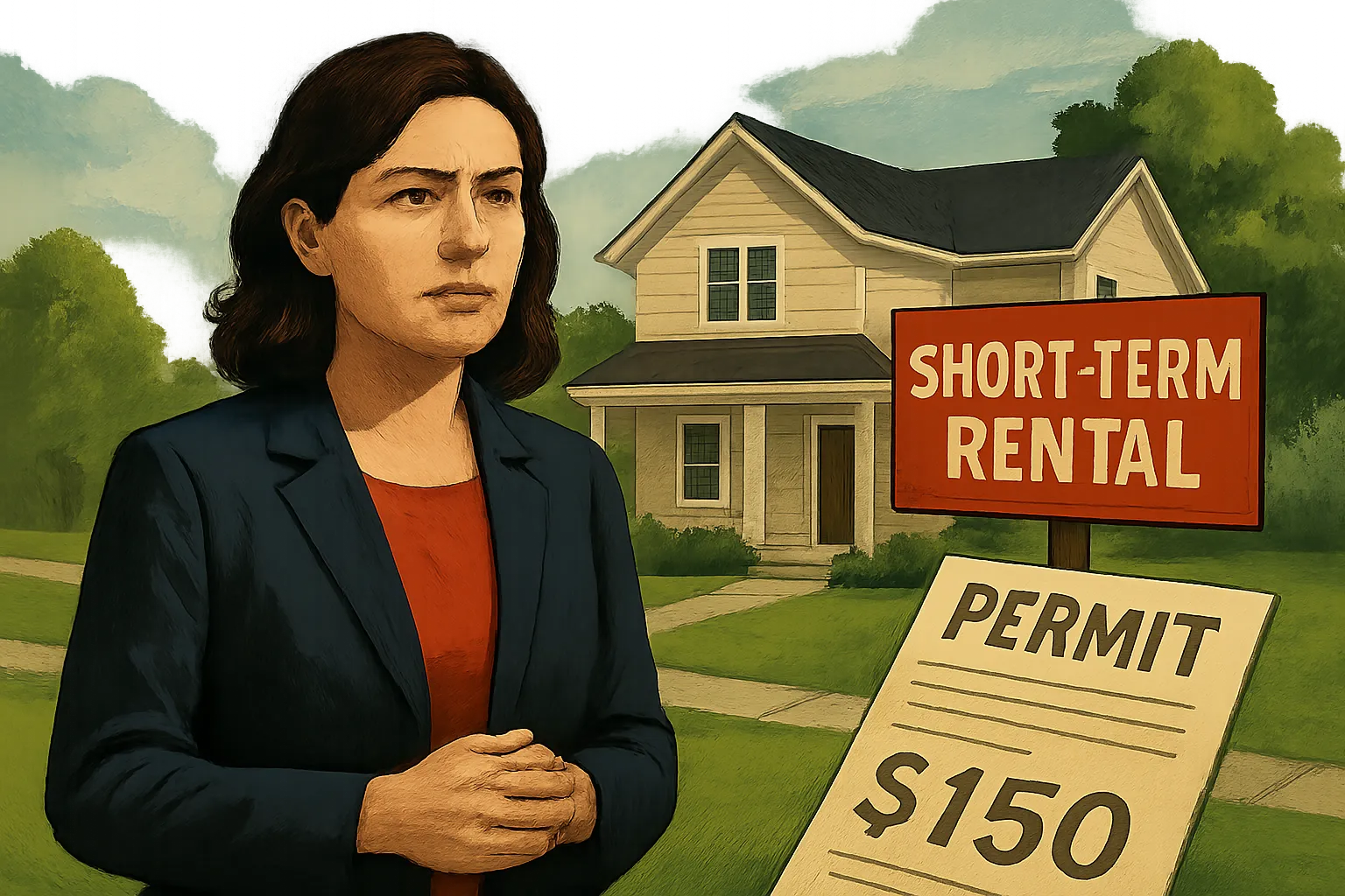 AI-generated illustration of the topic: Westfield delays vote on short‑term rental permit ordinance that would charge hosts $150 fee