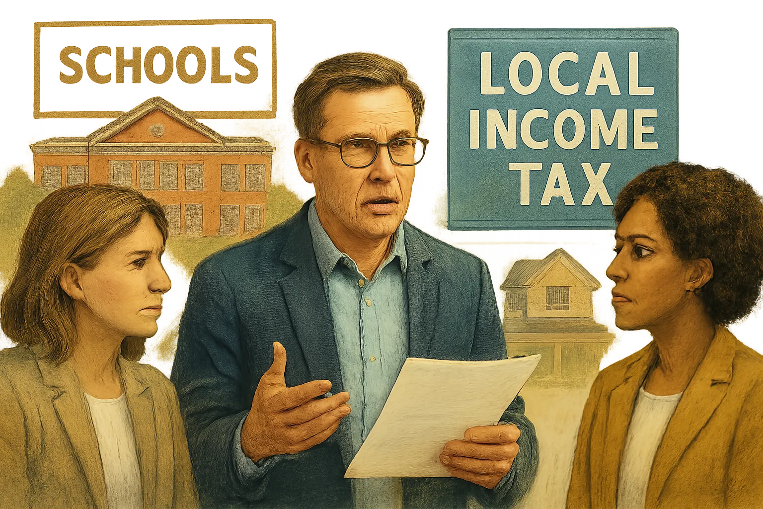 AI-generated illustration of the topic: Noblesville letter urges shifting city property tax to local income tax to free cap room for schools