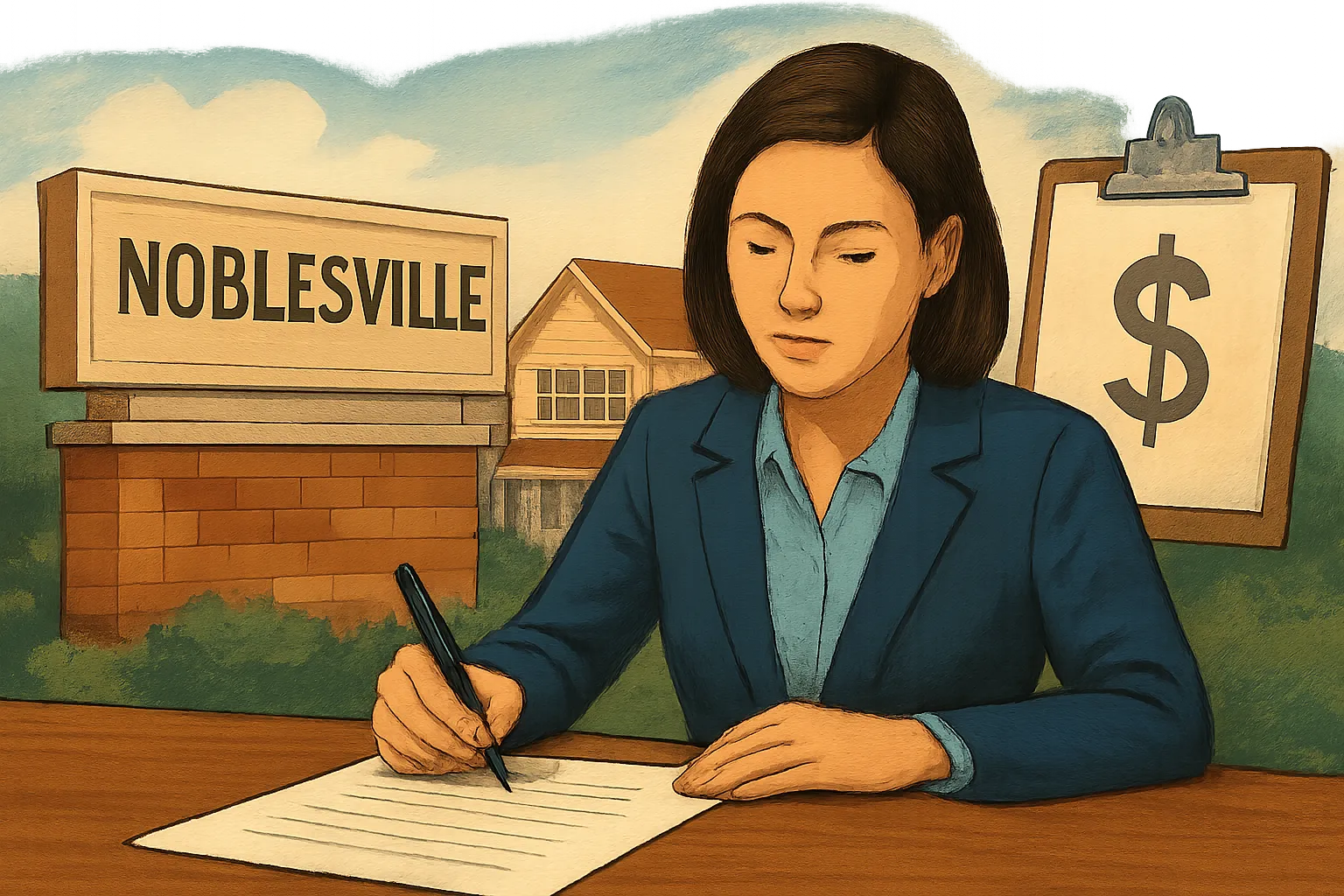 AI-generated illustration of the topic: Noblesville authorizes excess-levy appeal to cover costs from 2025 annexations