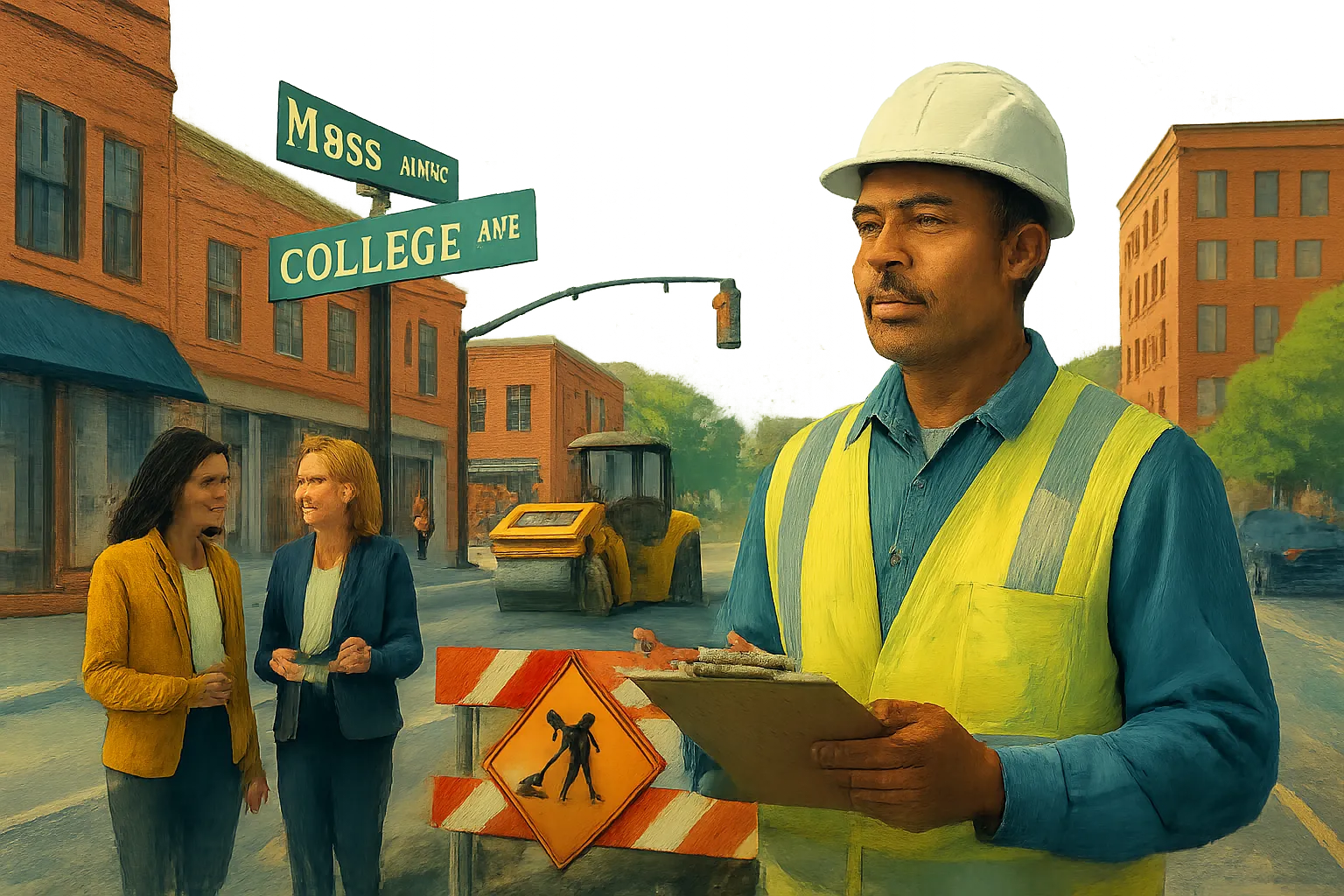 AI-generated illustration of the topic: Indy to start safety, resurfacing work at Mass Ave/College Ave intersection; businesses to remain open