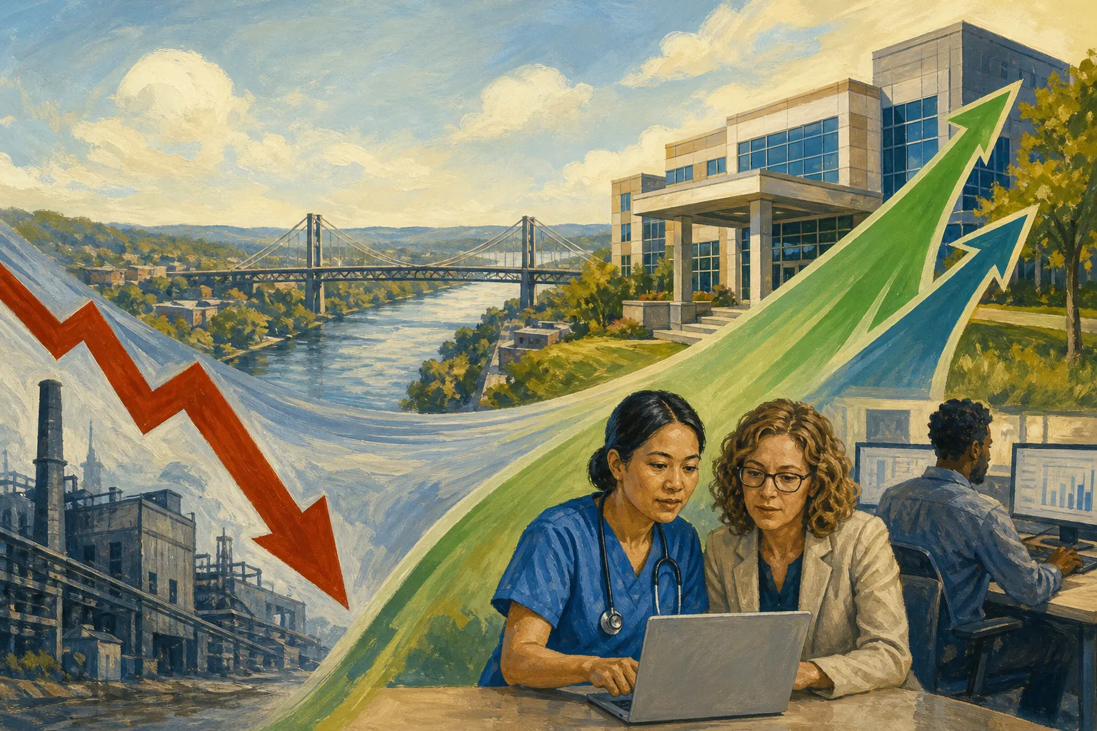AI-generated illustration of the topic: Southern Indiana had a weak Q1 2026 for payrolls, but health care and services posted gains, IU brief finds