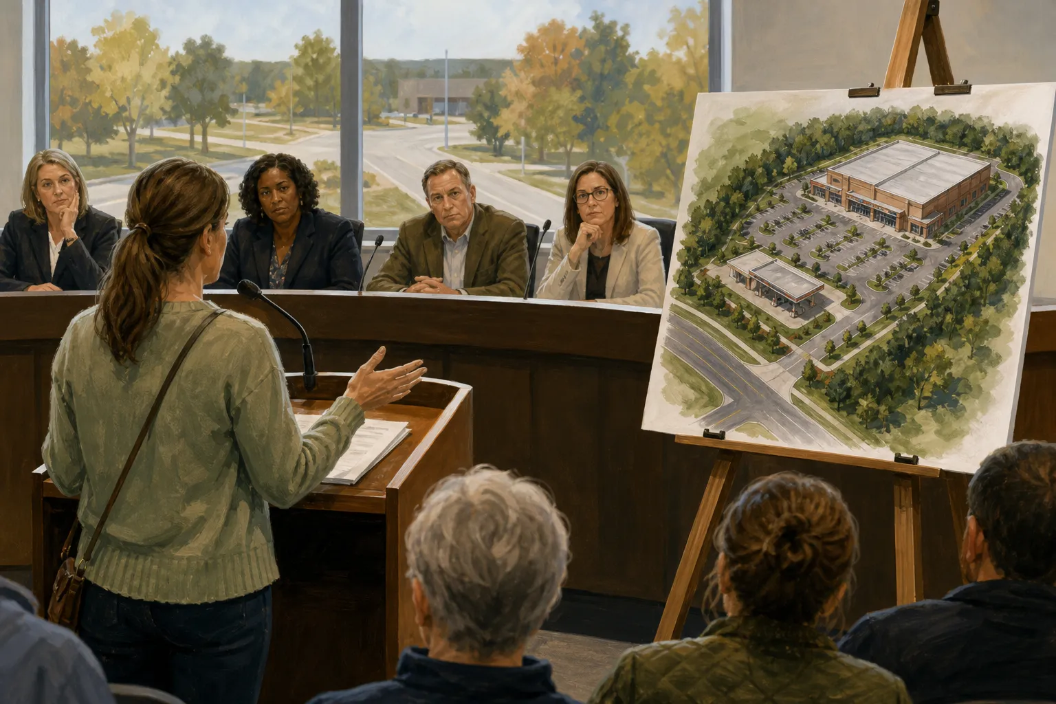 AI-generated illustration of the topic: Brownsburg delays Kroger grocery and fuel-center zoning vote after residents press for safeguards