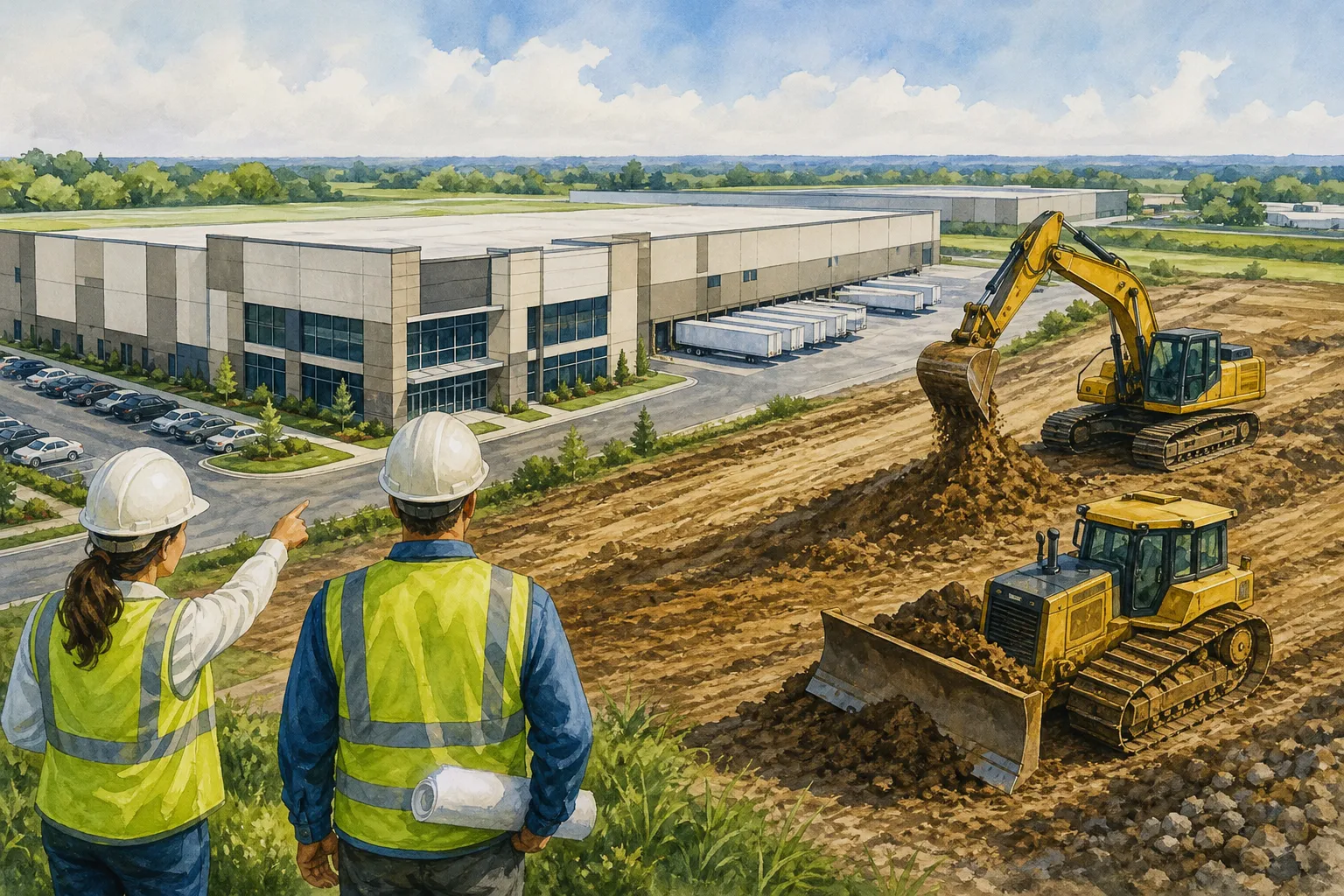 AI-generated illustration of the topic: Ambrose sells 233,348‑sf Whitestown distribution building and breaks ground on 947,000‑sf speculative additions