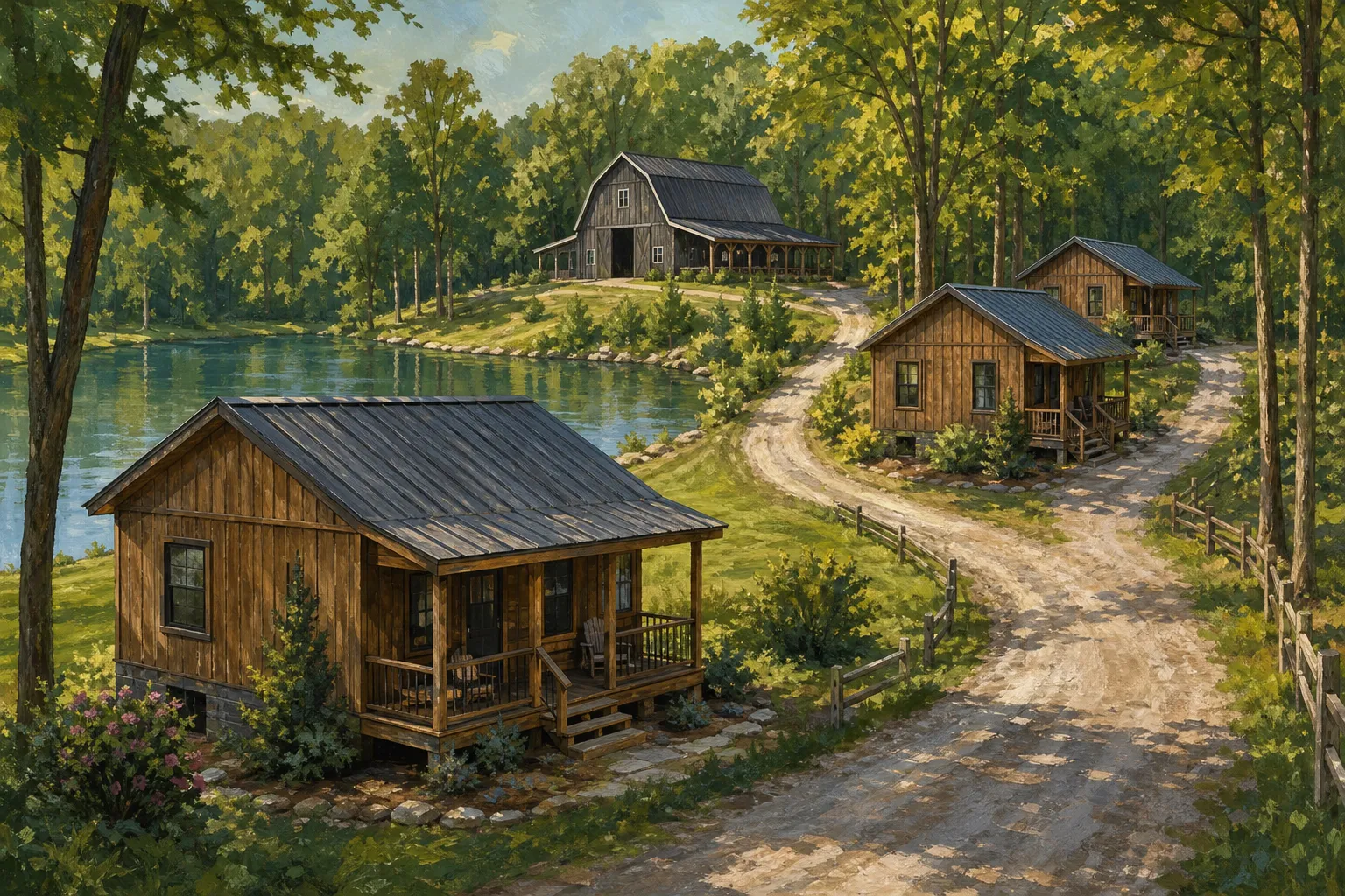 AI-generated illustration of the topic: Brown County planning panel recommends rezoning that could allow three cabins for Old Barn venue
