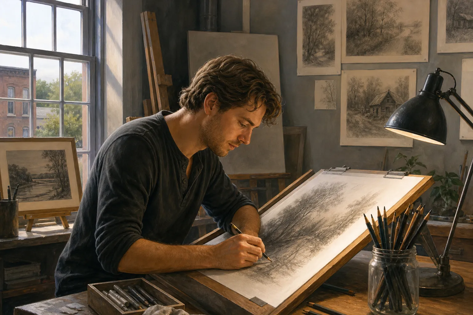 AI-generated illustration of the topic: Artist Jacob Abshire opens Abshire Fine Art studio in Nashville; open-studio event set for Oct. 18