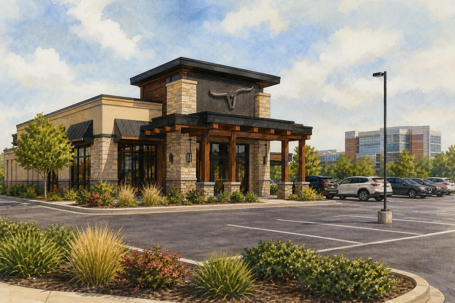 AI-generated illustration of the topic: Greenfield commission approves LongHorn Steakhouse plan on Hancock Health land; site eligible for tax-increment financing