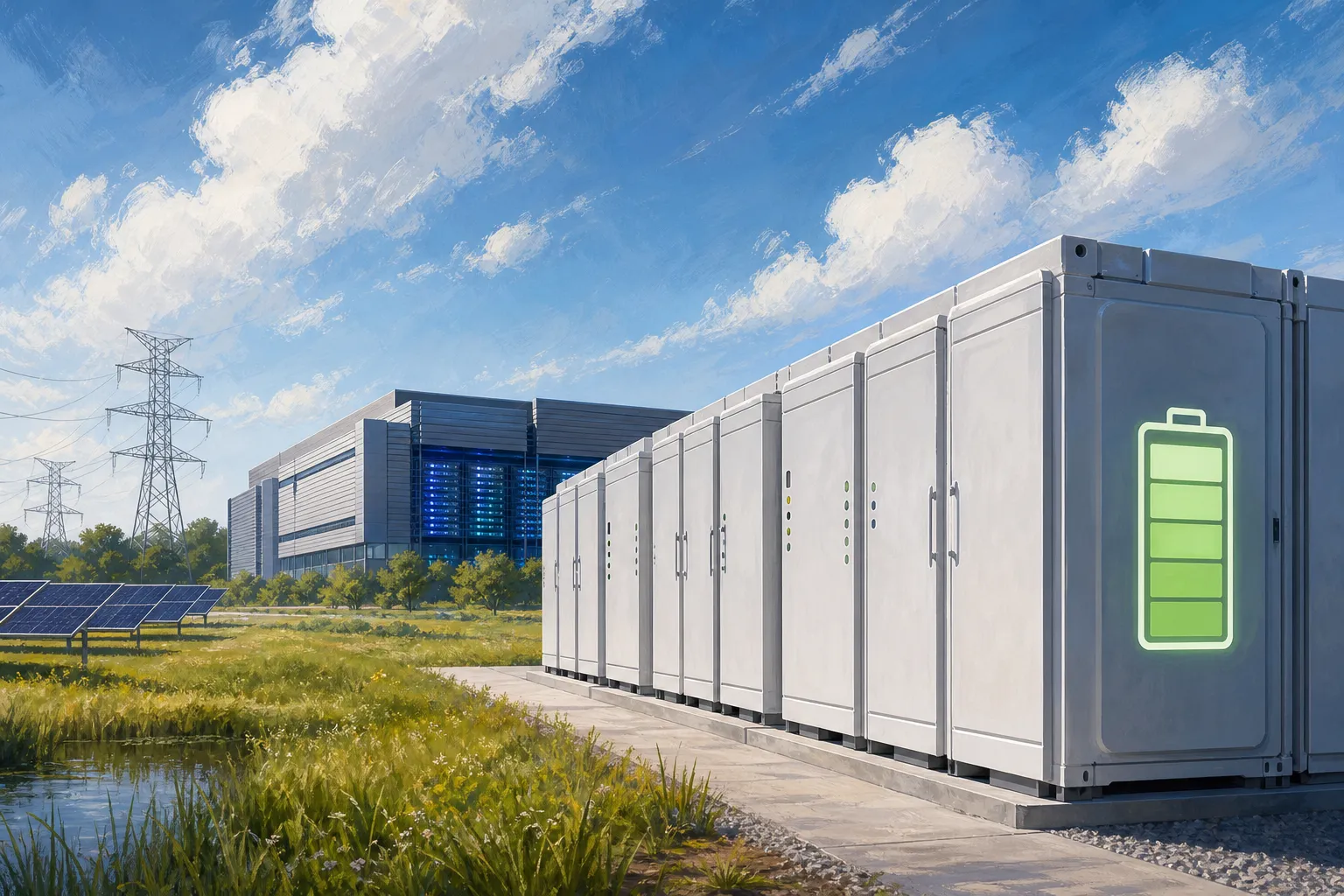 AI-generated illustration of the topic: NIPSCO-Microsoft power deal for NW Indiana campus contracts 600 MW battery, raises expected customer savings to $1.75B