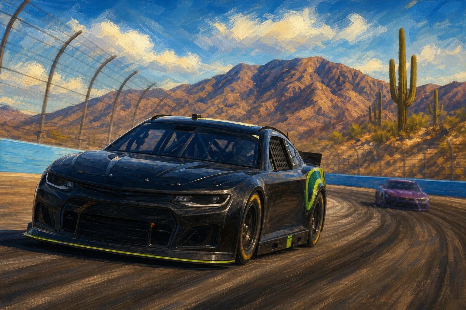 AI-generated illustration of the topic: Tyler Reddick wins Freeway Insurance 500 at Phoenix; Denny Hamlin finishes 28th after flat tire, penalty