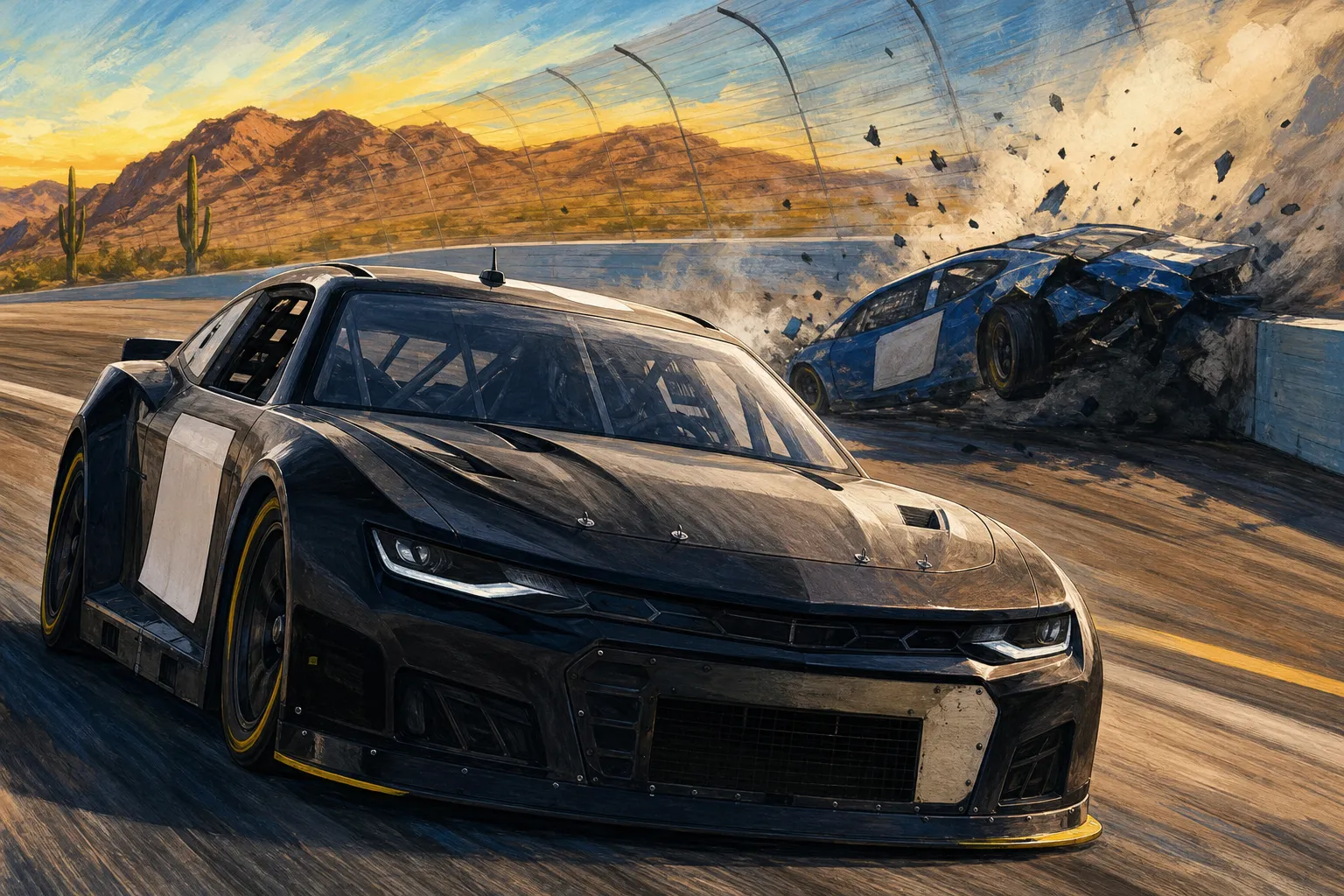 AI-generated illustration of the topic: Tyler Reddick wins Freeway Insurance 500 at Phoenix; Larson crashes, Chase tightens