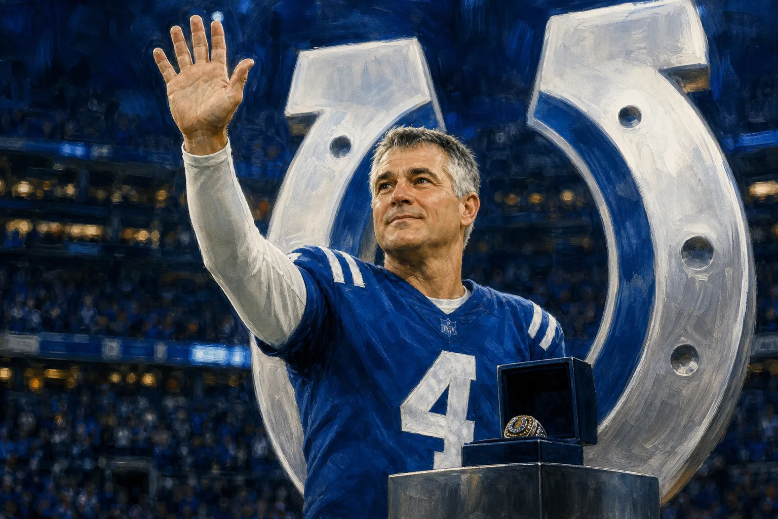 AI-generated illustration of the topic: Colts induct Adam Vinatieri into Ring of Honor at halftime of Oct. 18 game vs. Titans