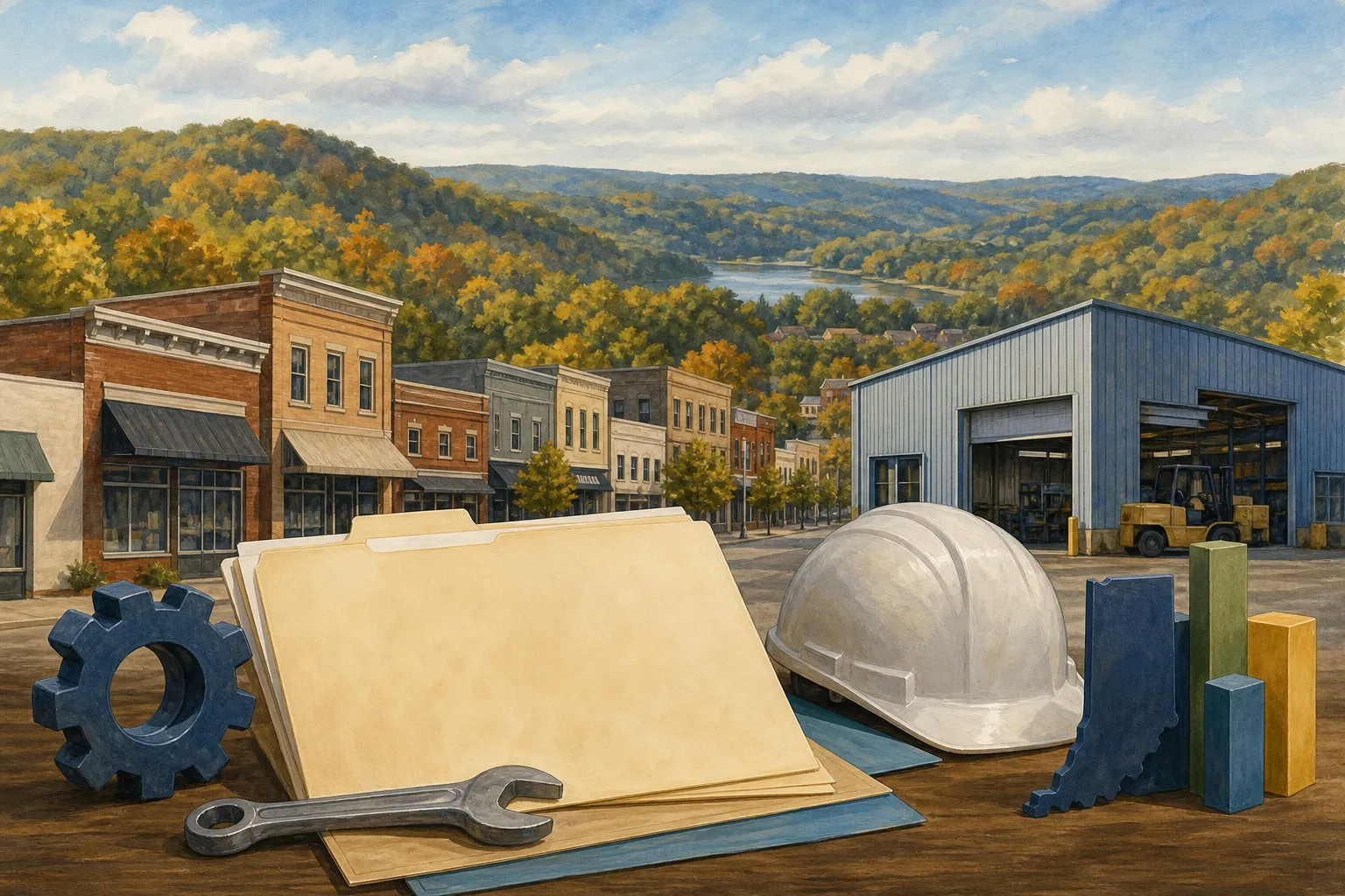 AI-generated illustration of the topic: Gov. Braun highlights new businesses, financing and workforce efforts in southern Indiana at Bloomington event