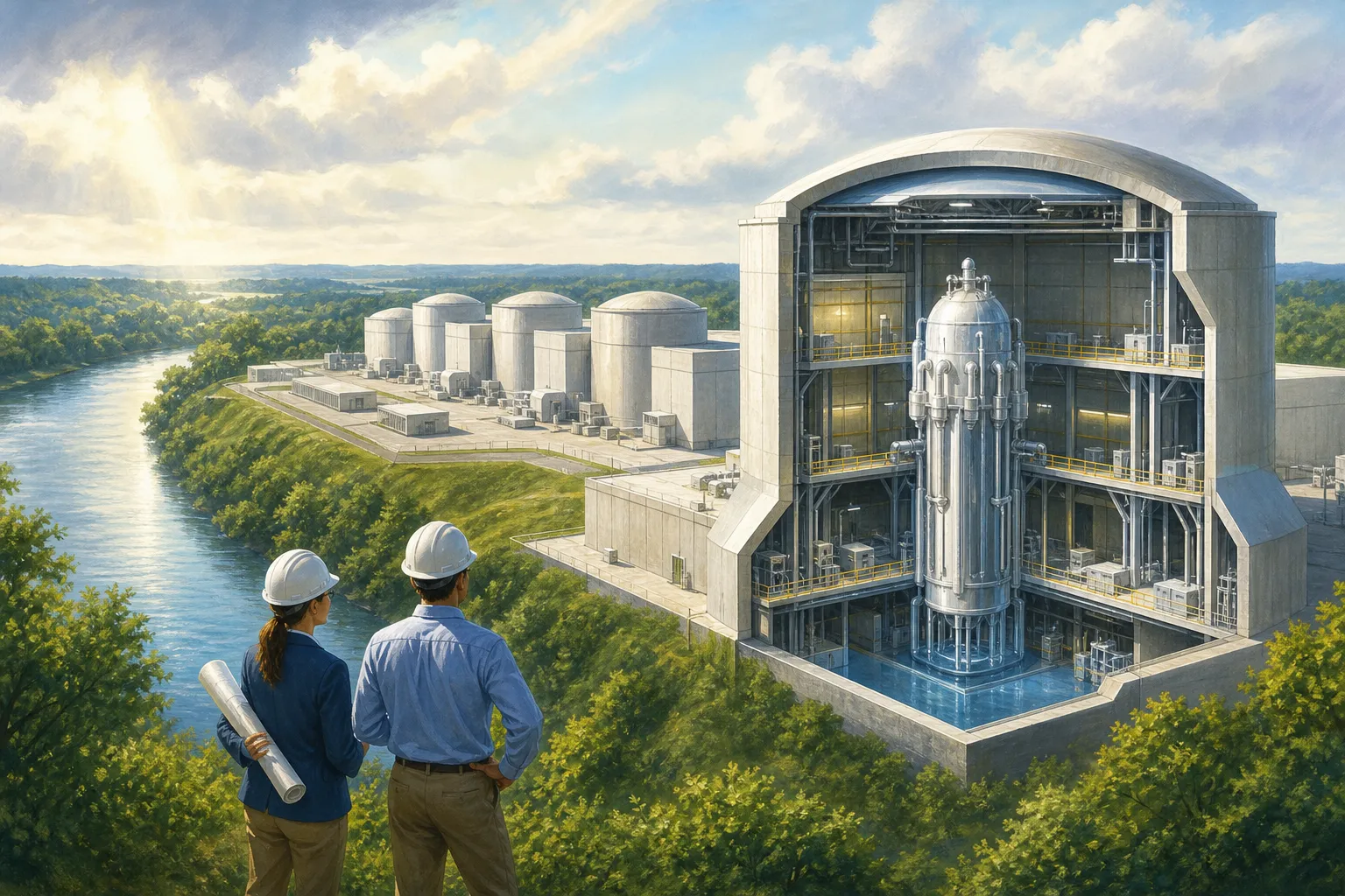 AI-generated illustration of the topic: AEP, Amazon and X‑energy to evaluate 960 MW advanced nuclear project at former Breed site in Sullivan County, Indiana