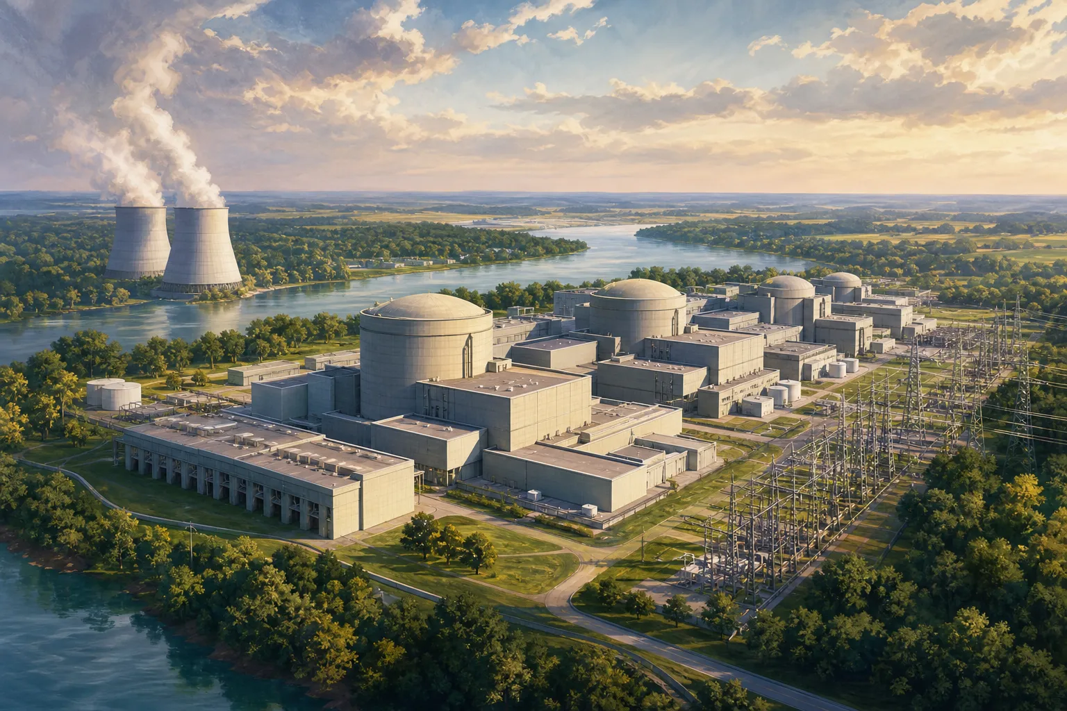 AI-generated illustration of the topic: AtkinsRéalis, Indiana and Hoosier Energy sign MOU to study multi‑unit CANDU nuclear campus in Indiana