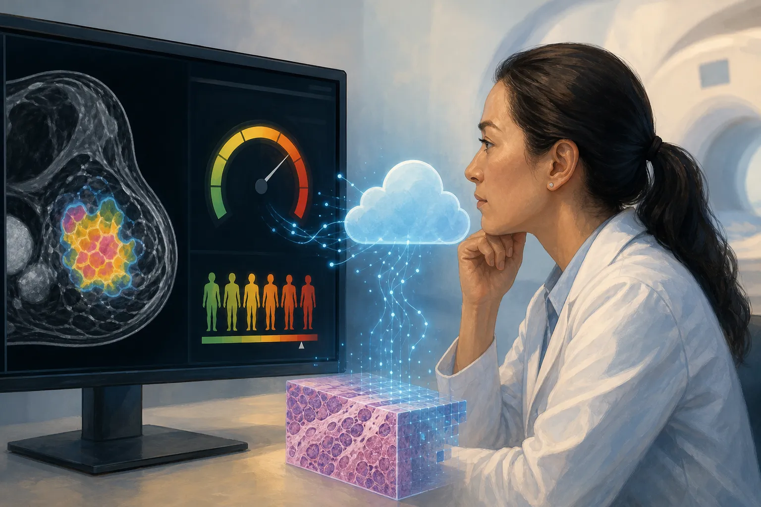 AI-generated illustration of the topic: FDA clears SimBioSys’ TumorSight Risk AI to predict 5- and 10-year breast cancer recurrence