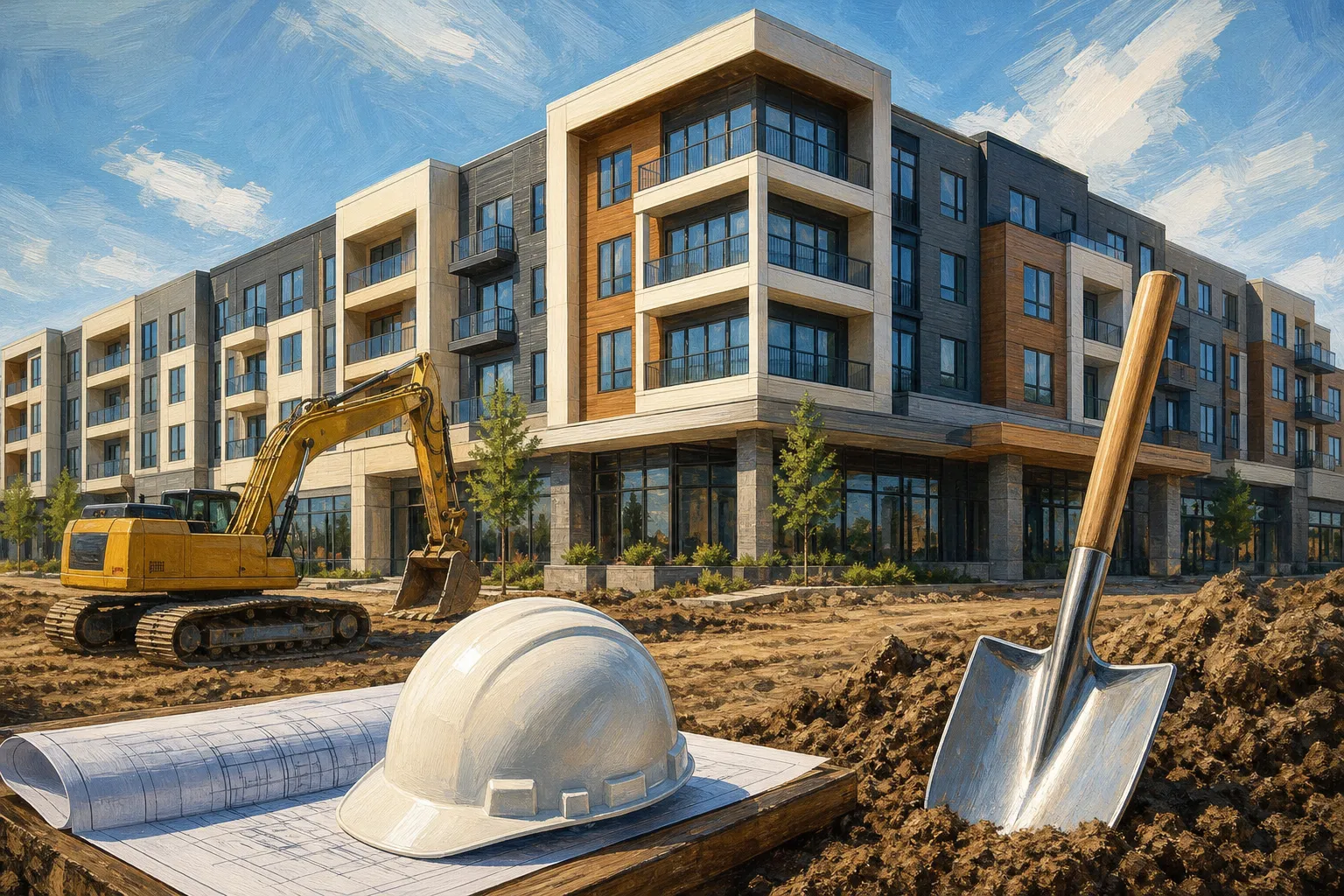 AI-generated illustration of the topic: Thompson Thrift breaks ground on 273-unit Crossing Lofts at Fishers District