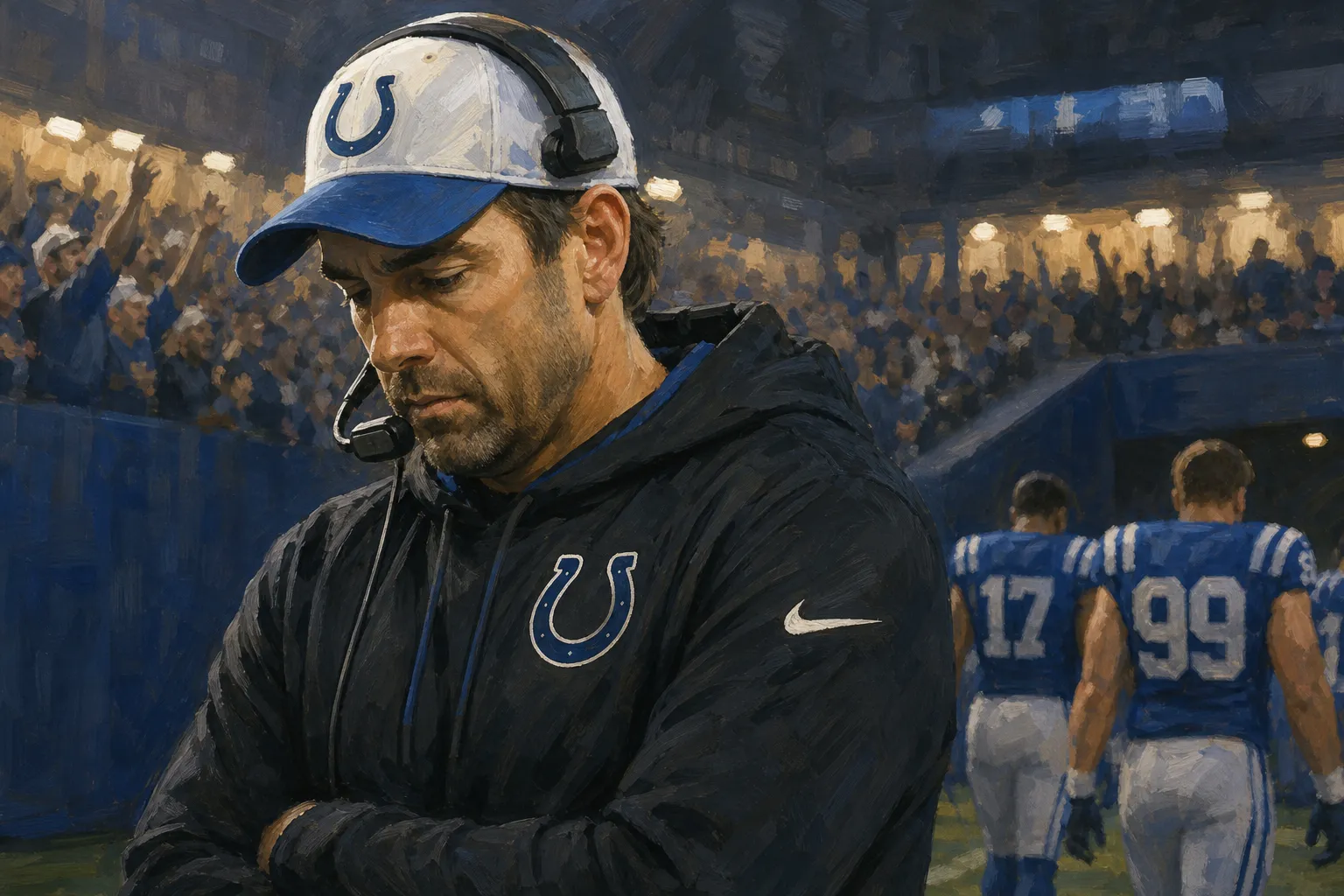 AI-generated illustration of the topic: Shane Steichen acknowledges boos after Colts' 26-20 Week 6 loss to Titans, calls result 'extremely disappointing'