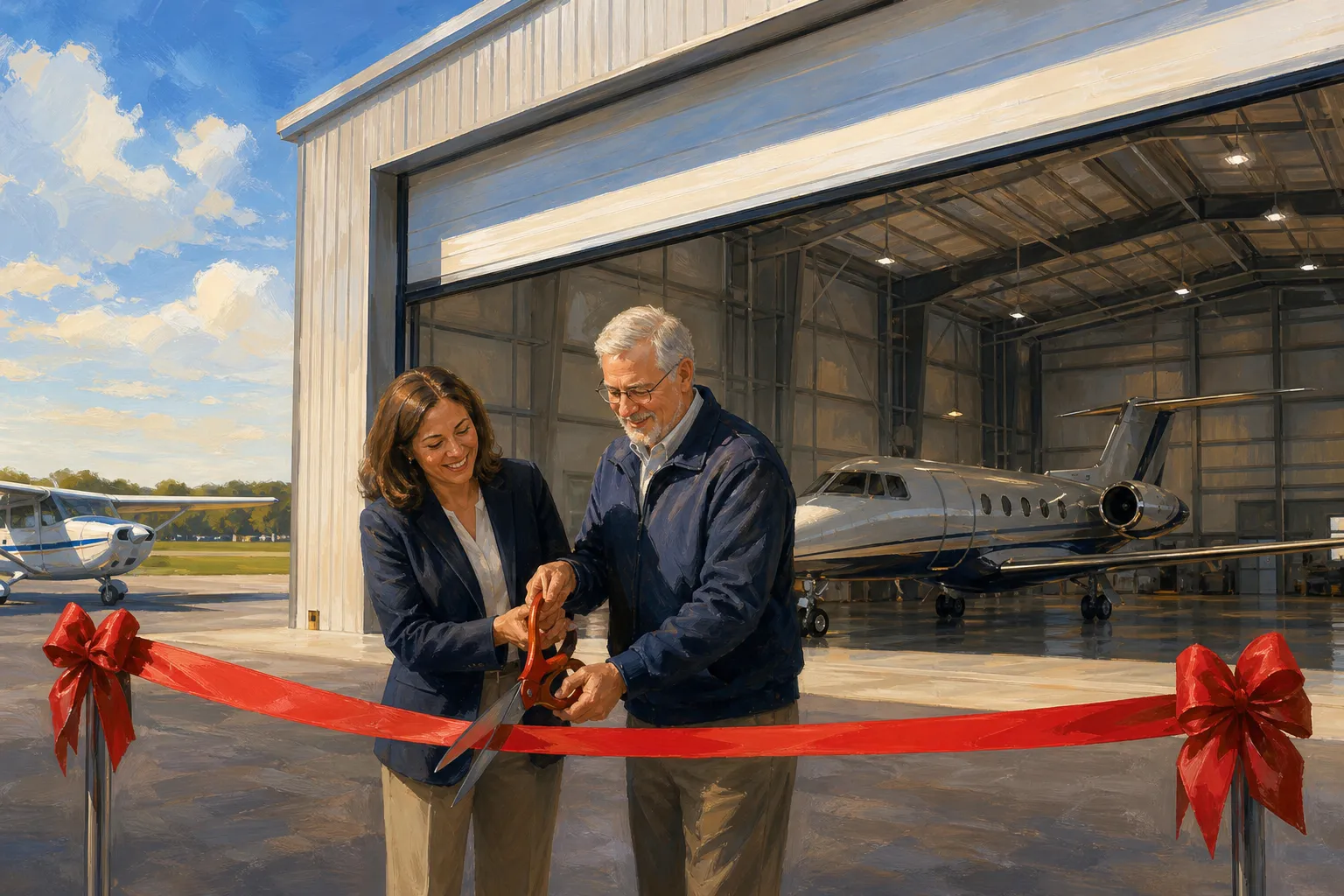 AI-generated illustration of the topic: Huntington Municipal Airport opens 11,000-sq.-ft. hangar (Huntington, Ind.), 21Alive reports