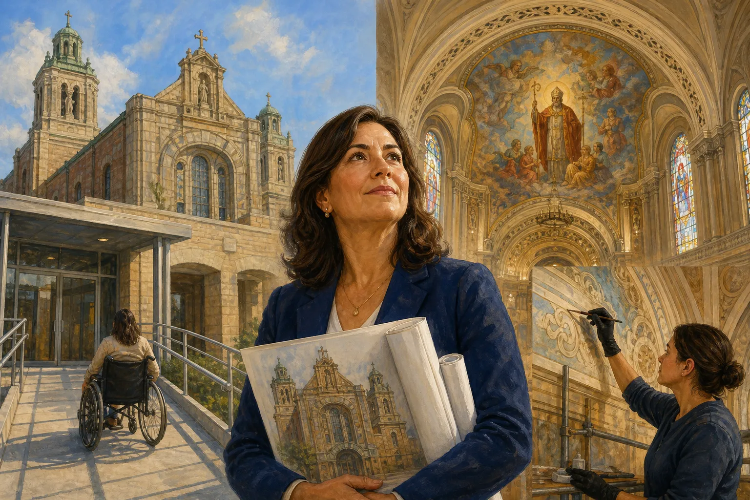 AI-generated illustration of the topic: Catholic Initiative pledges $4M toward $15M restoration of South Bend’s St. Adalbert; $10M endowment planned