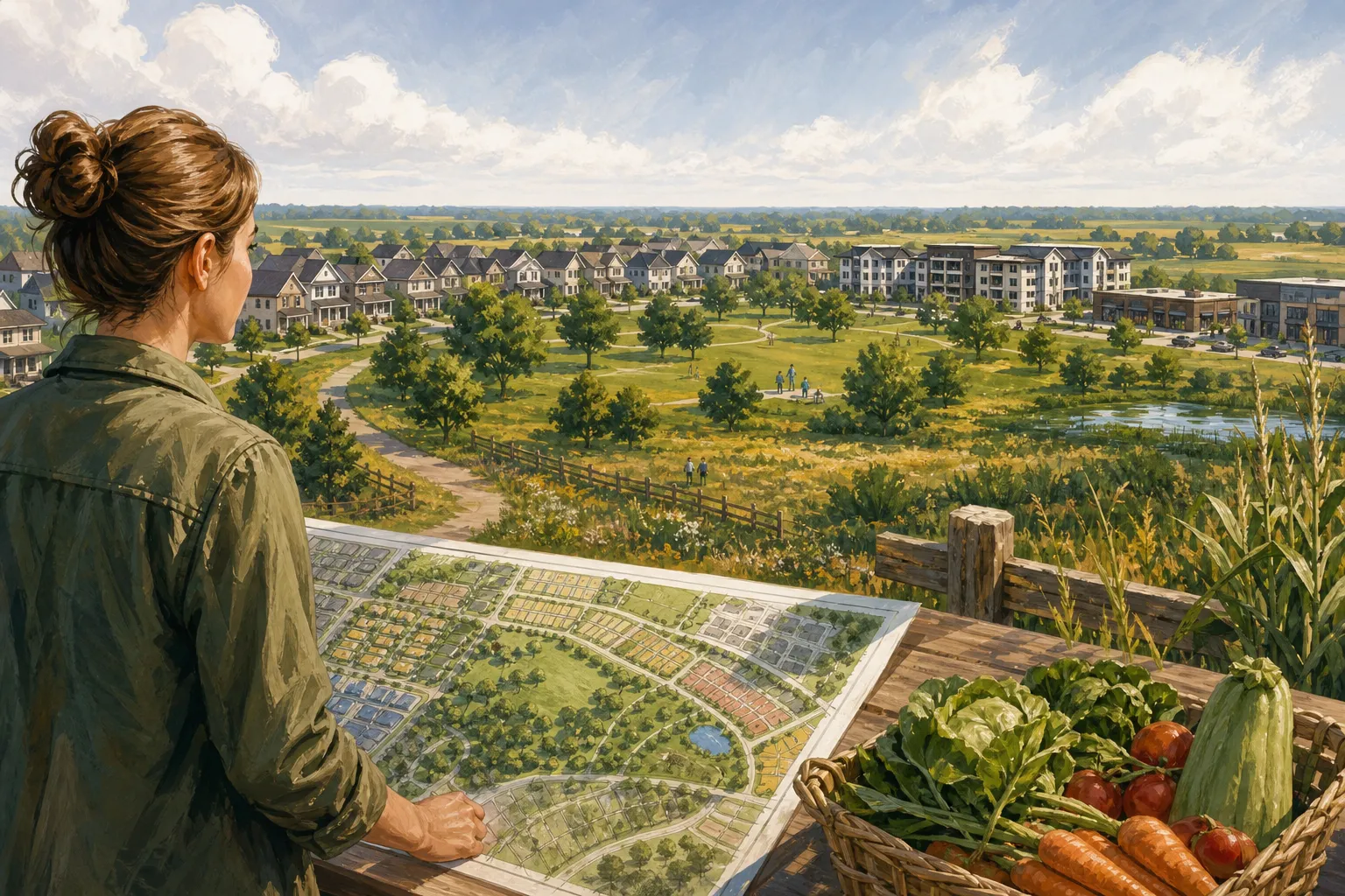 AI-generated illustration of the topic: Westfield APC adds conditions to Hidden Oaks ‘agrihood,’ asks developers to consider donating a public park