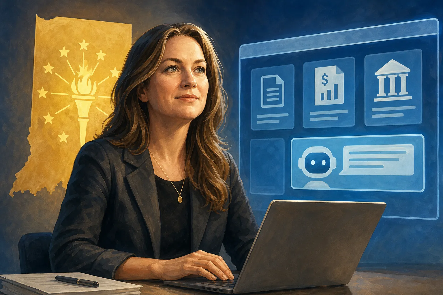 AI-generated illustration of the topic: Shillings launches bid for Indiana secretary of state, proposes website overhaul