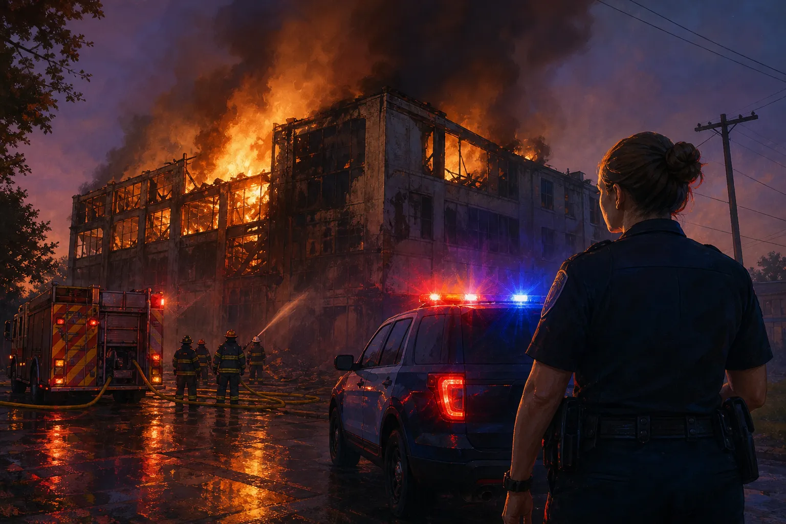 AI-generated illustration of the topic: Huntington police: Minor arrested after large fire at former Schacht Rubber building